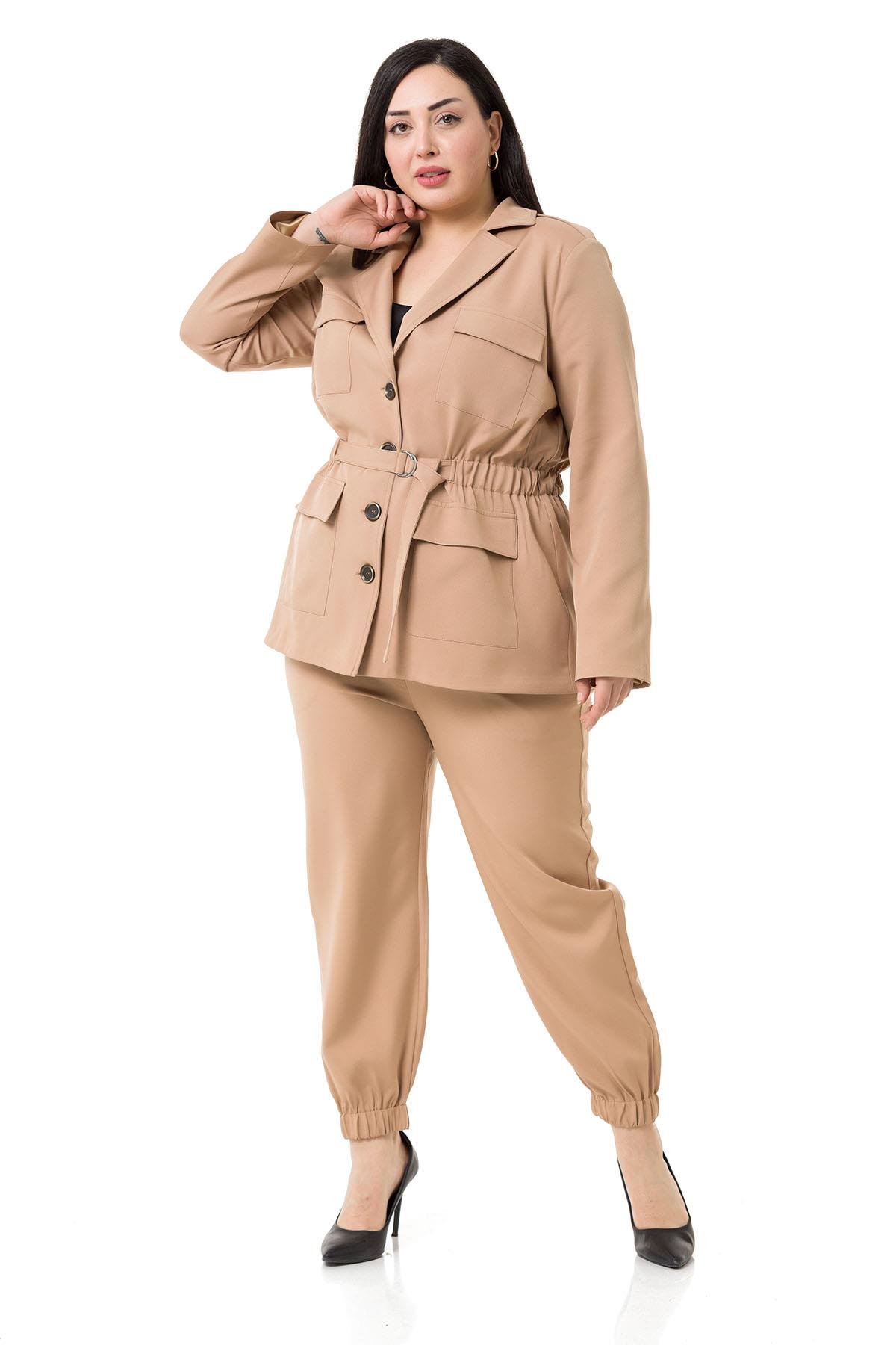 Büyük Beden Ceket Pantolon Astarlı Bej Rengi Takım