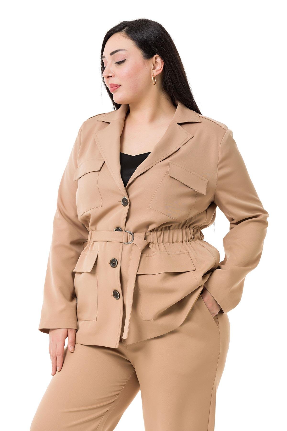 Büyük Beden Ceket Pantolon Astarlı Bej Rengi Takım