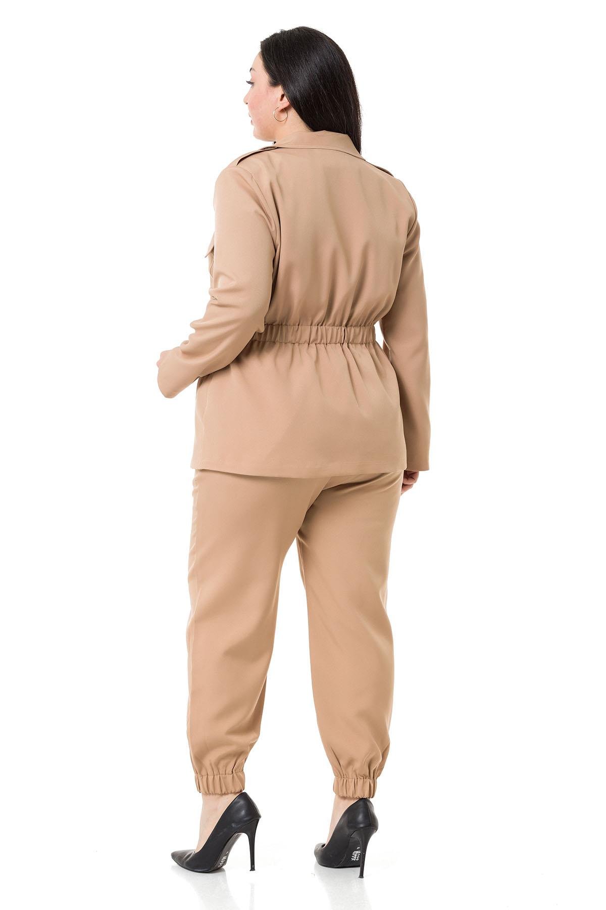 Büyük Beden Ceket Pantolon Astarlı Bej Rengi Takım