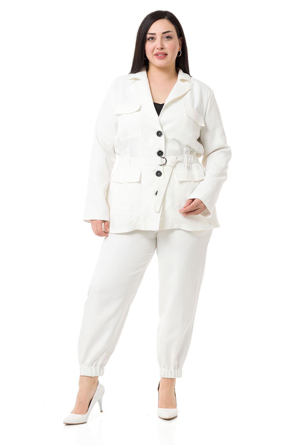 Büyük Beden Ceket Pantolon Astarlı Beyaz Takım
