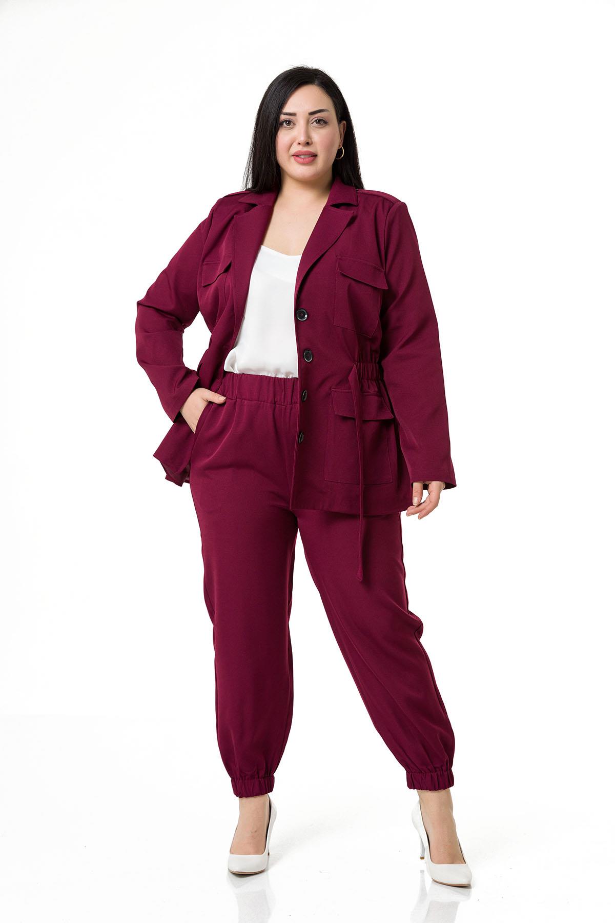 Büyük Beden Ceket Pantolon Astarlı Bordo Takım
