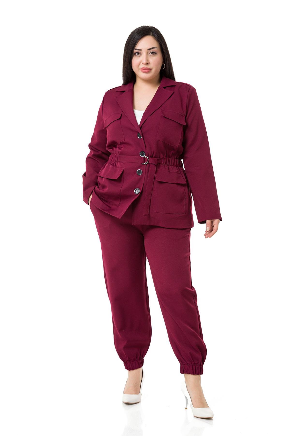 Büyük Beden Ceket Pantolon Astarlı Bordo Takım