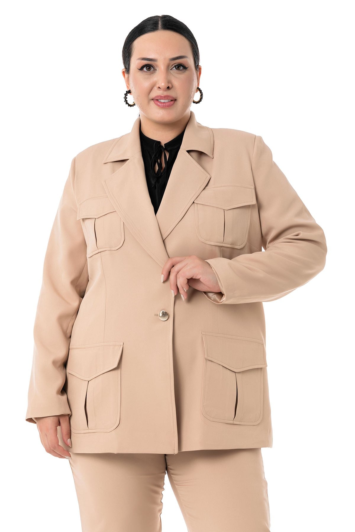 Plus Size Jacket Trousers Beige Striped Suit