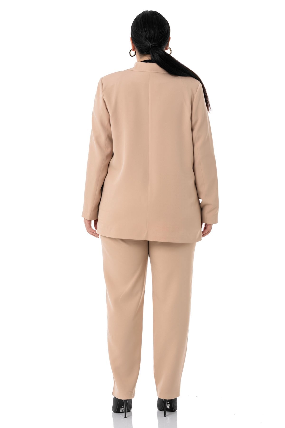 Plus Size Jacket Trousers Beige Striped Suit