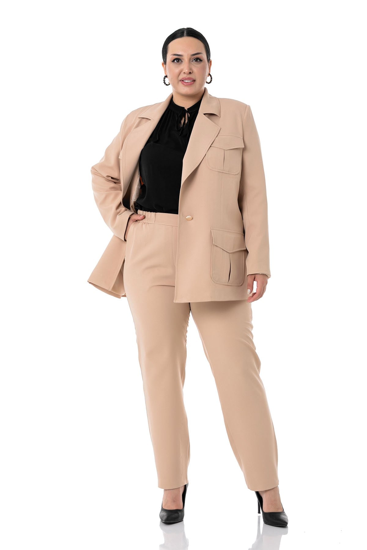 Plus Size Jacket Trousers Beige Striped Suit