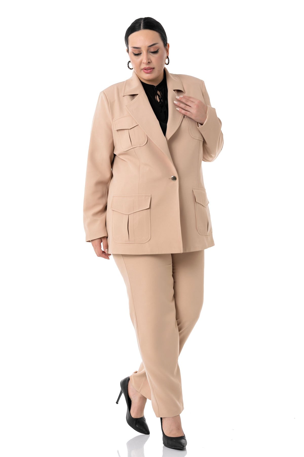 Plus Size Jacket Trousers Beige Striped Suit