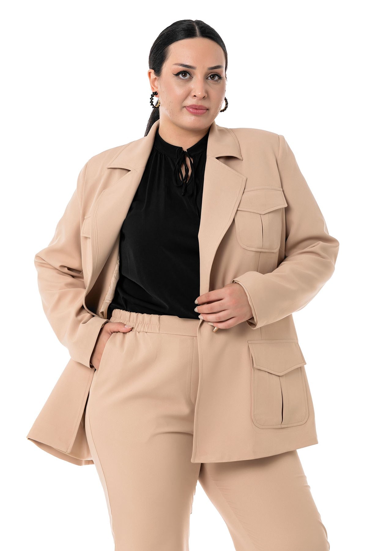 Plus Size Jacket Trousers Beige Striped Suit
