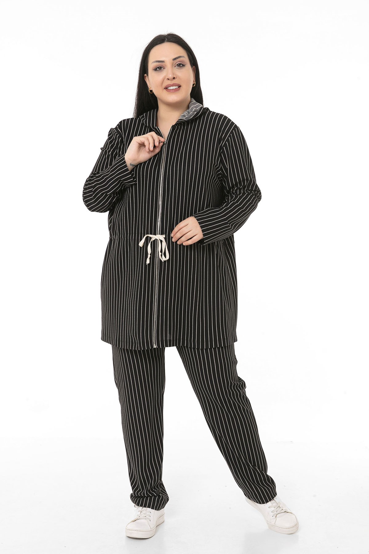 Plus Size Jacket Trousers Black Striped Suit