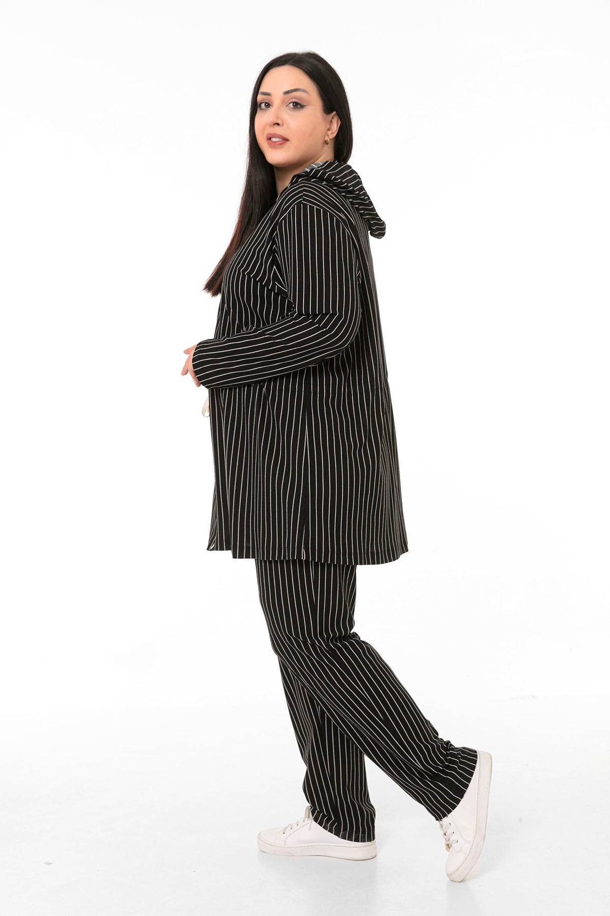 Plus Size Jacket Trousers Black Striped Suit
