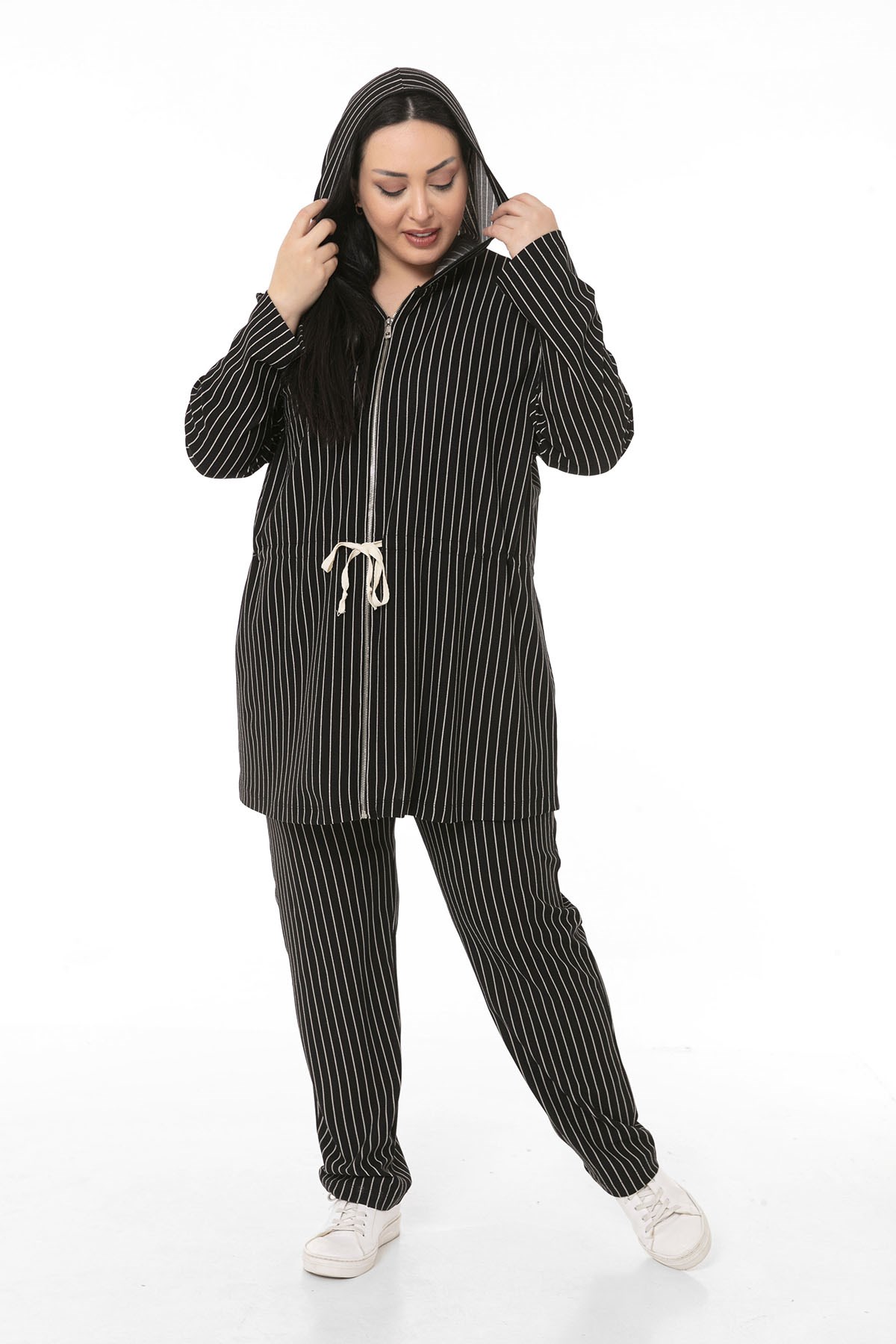 Plus Size Jacket Trousers Black Striped Suit