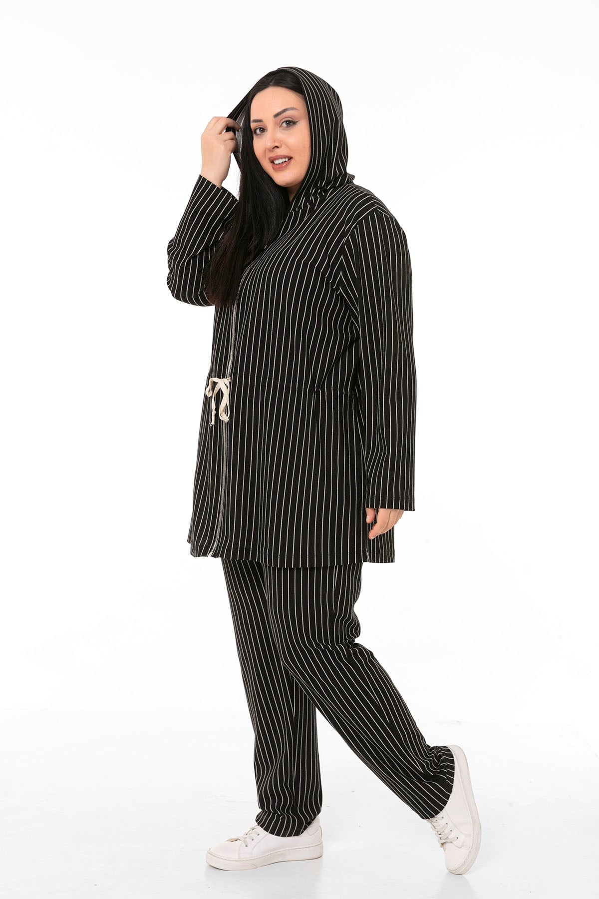Plus Size Jacket Trousers Black Striped Suit