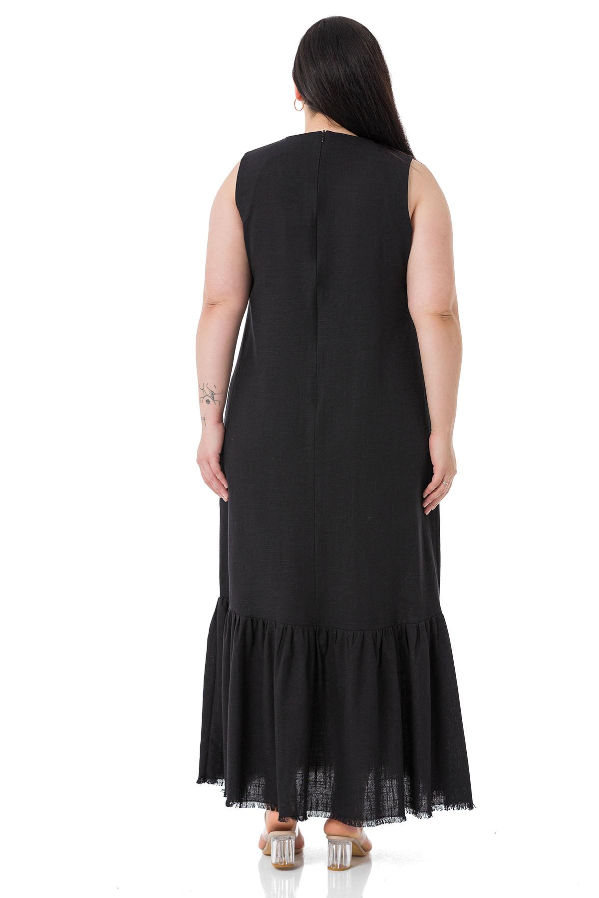 Plus Size Pocket Detailed Sleeveless Linen Long Black Dress