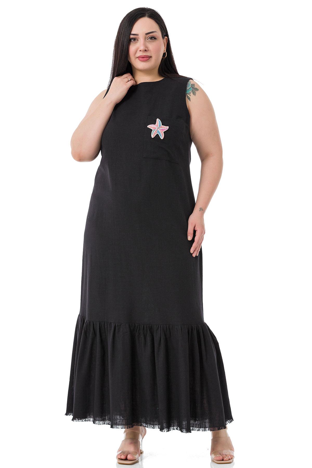 Plus Size Pocket Detailed Sleeveless Linen Long Black Dress