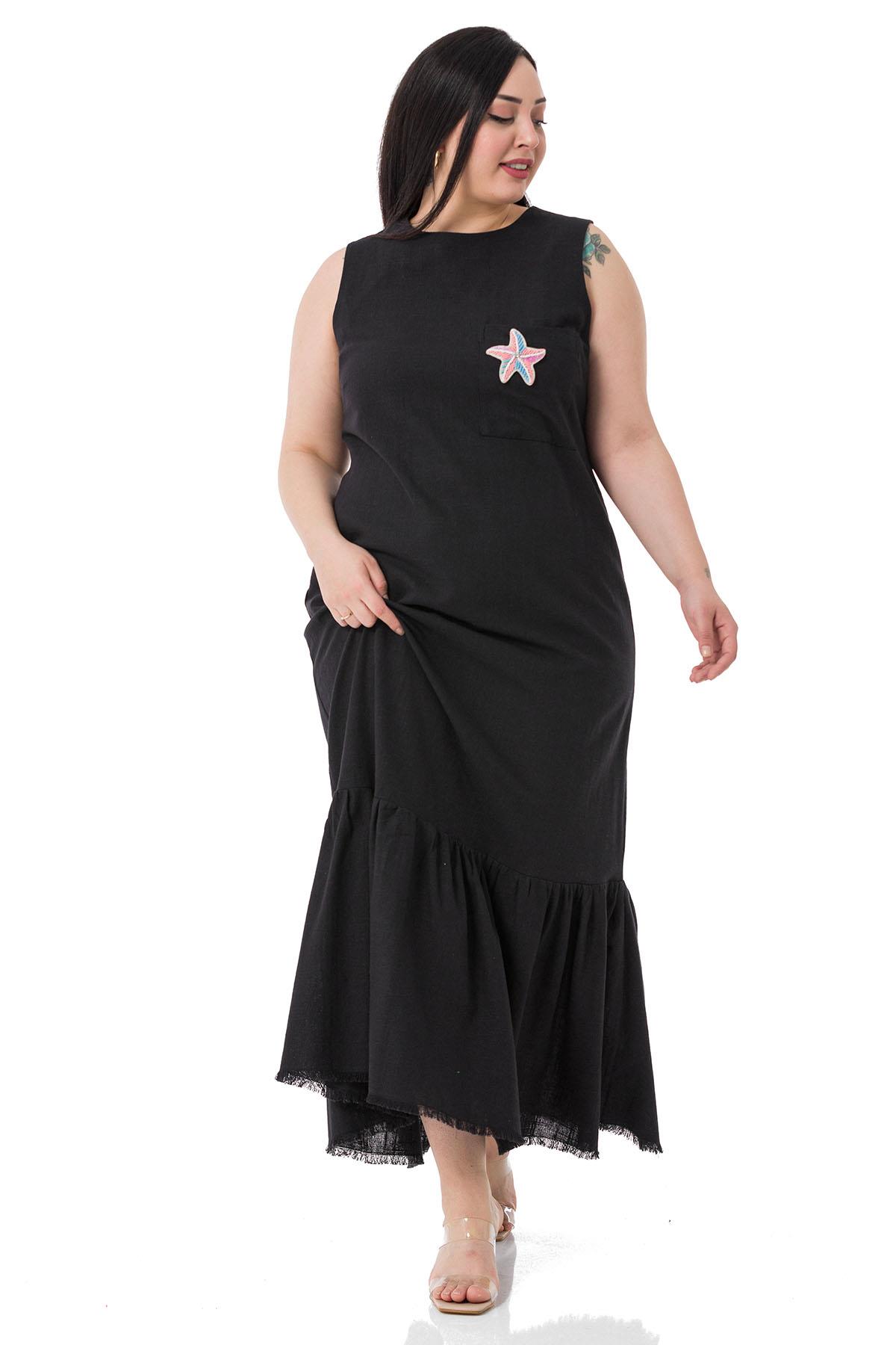Plus Size Pocket Detailed Sleeveless Linen Long Black Dress