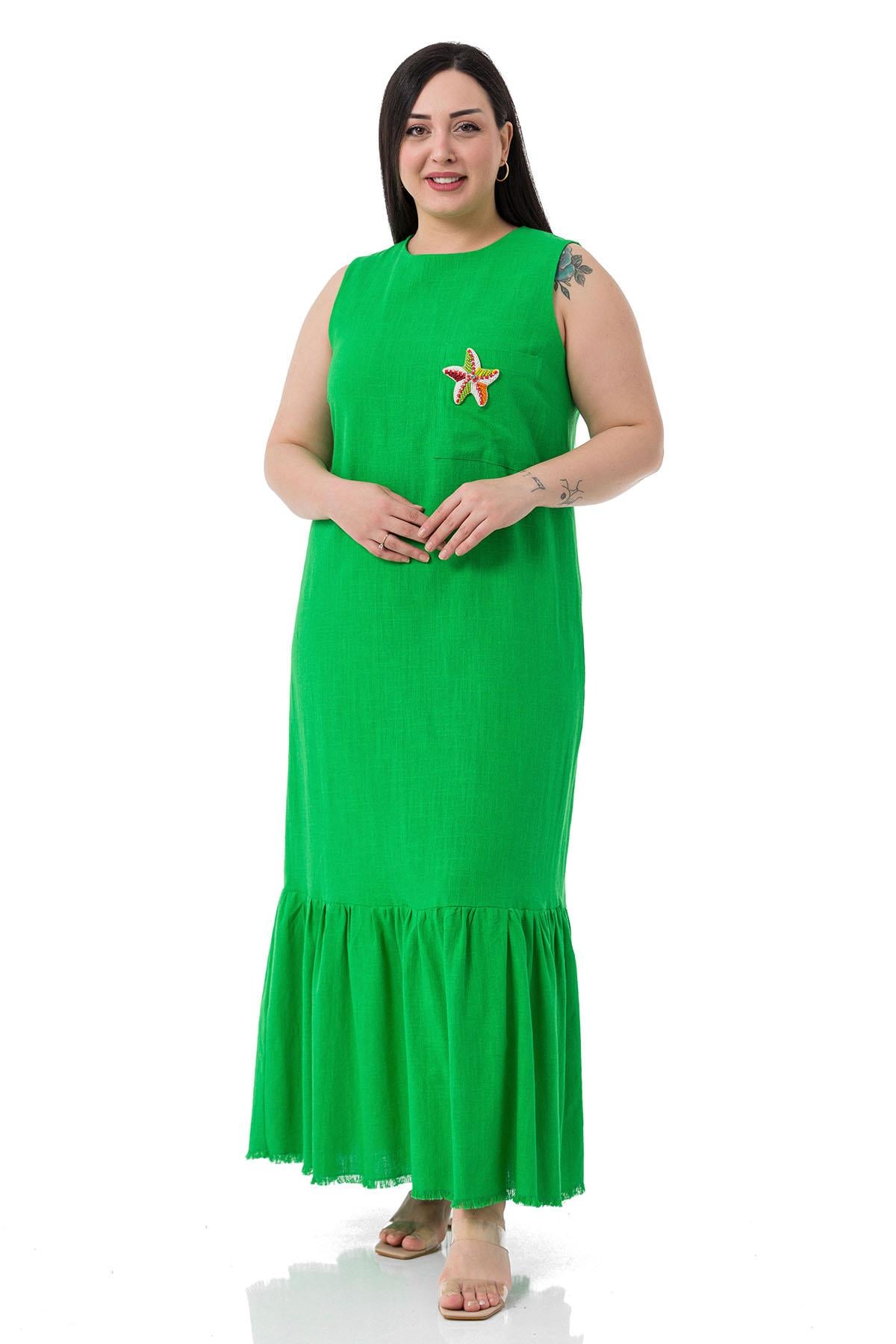 Plus Size Pocket Detailed Sleeveless Linen Long Green Dress