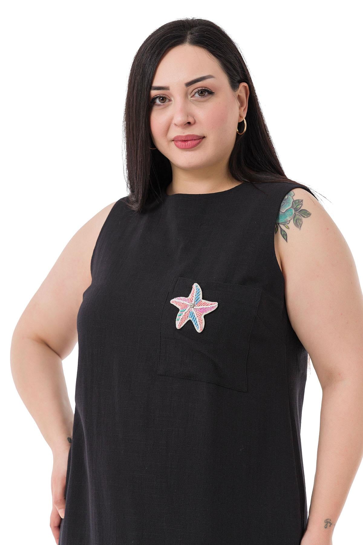 Plus Size Pocket Detailed Sleeveless Linen Long Black Dress