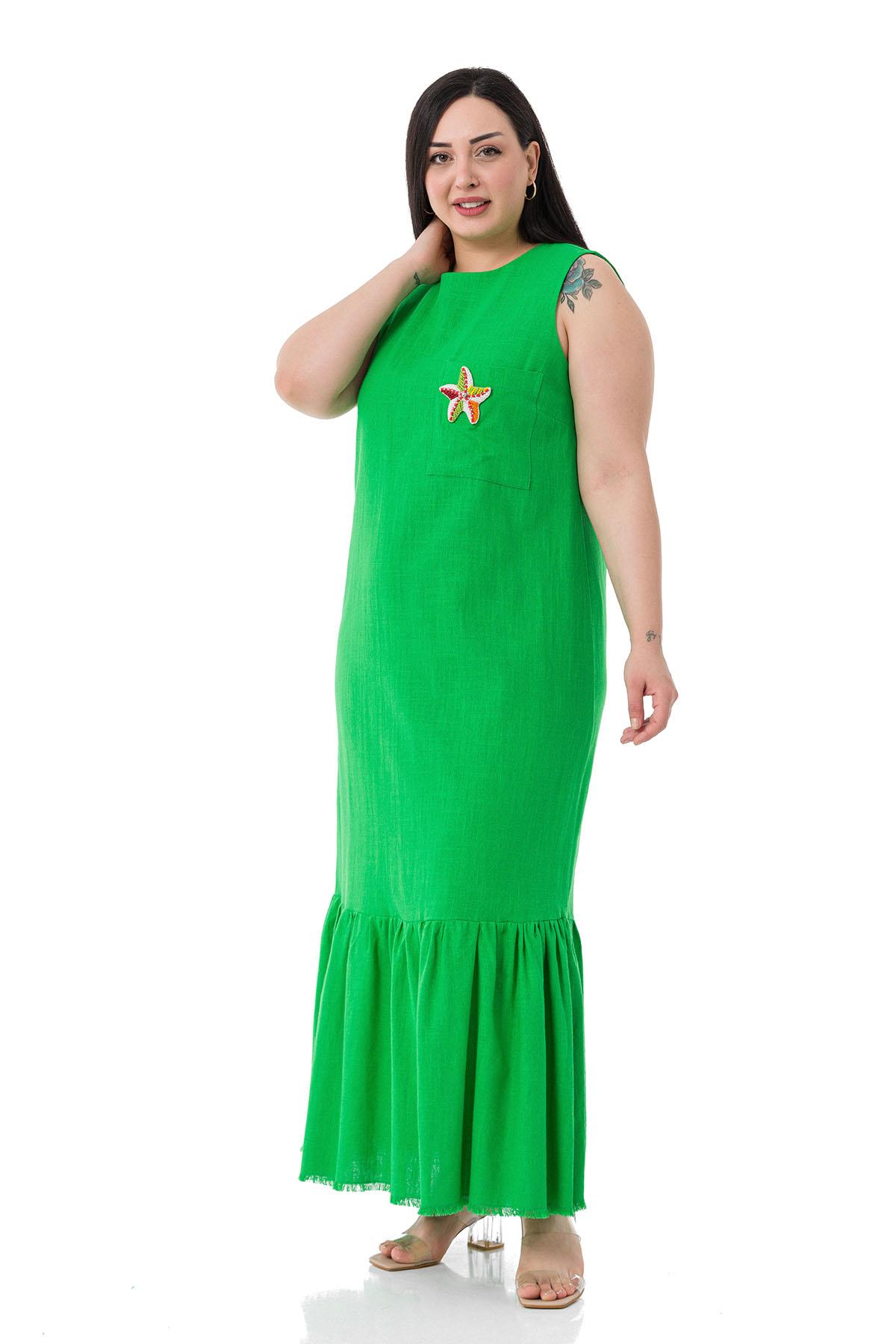 Plus Size Pocket Detailed Sleeveless Linen Long Green Dress