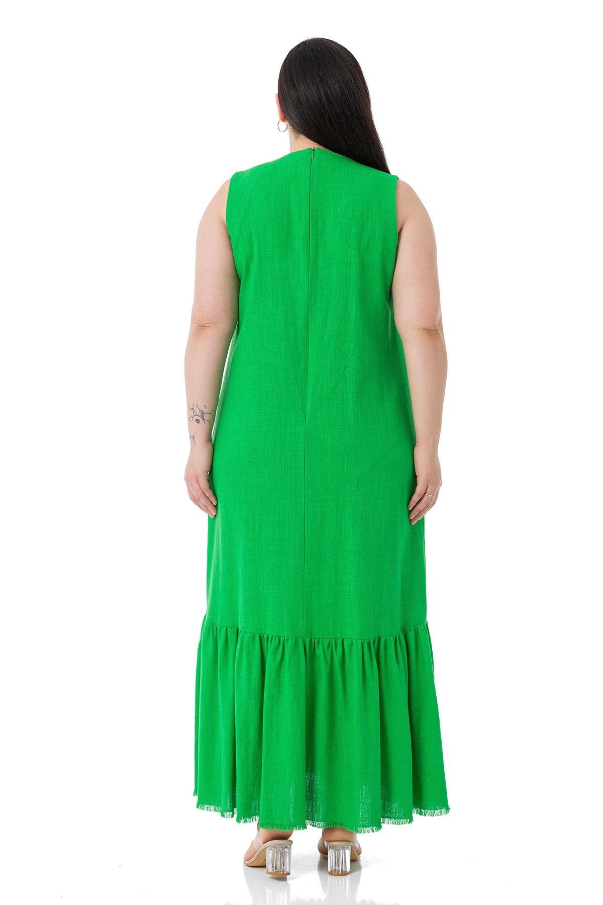 Plus Size Pocket Detailed Sleeveless Linen Long Green Dress