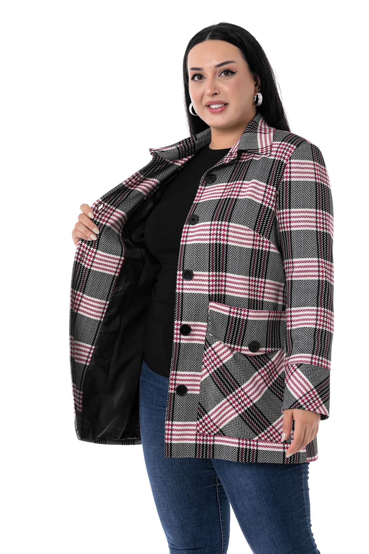 Plus Size Lined Black Fuchsia Jacket with Pocket and Belt Detail