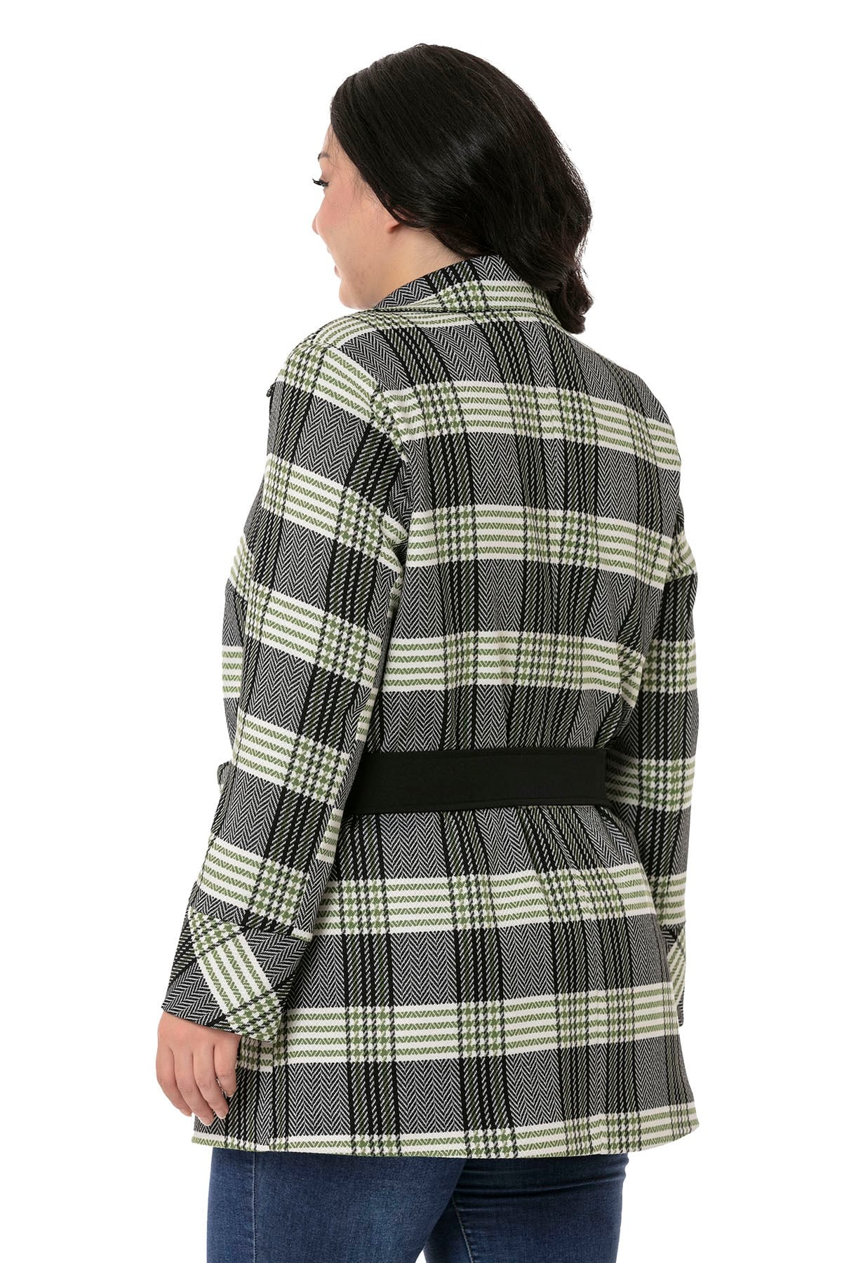 Plus Size Lined Black Green Jacket with Pocket and Belt Detail