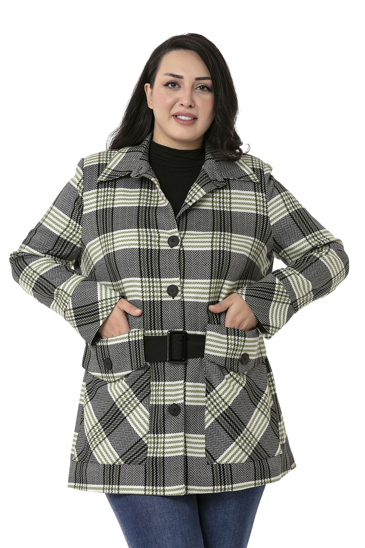 Plus Size Lined Black Green Jacket with Pocket and Belt Detail