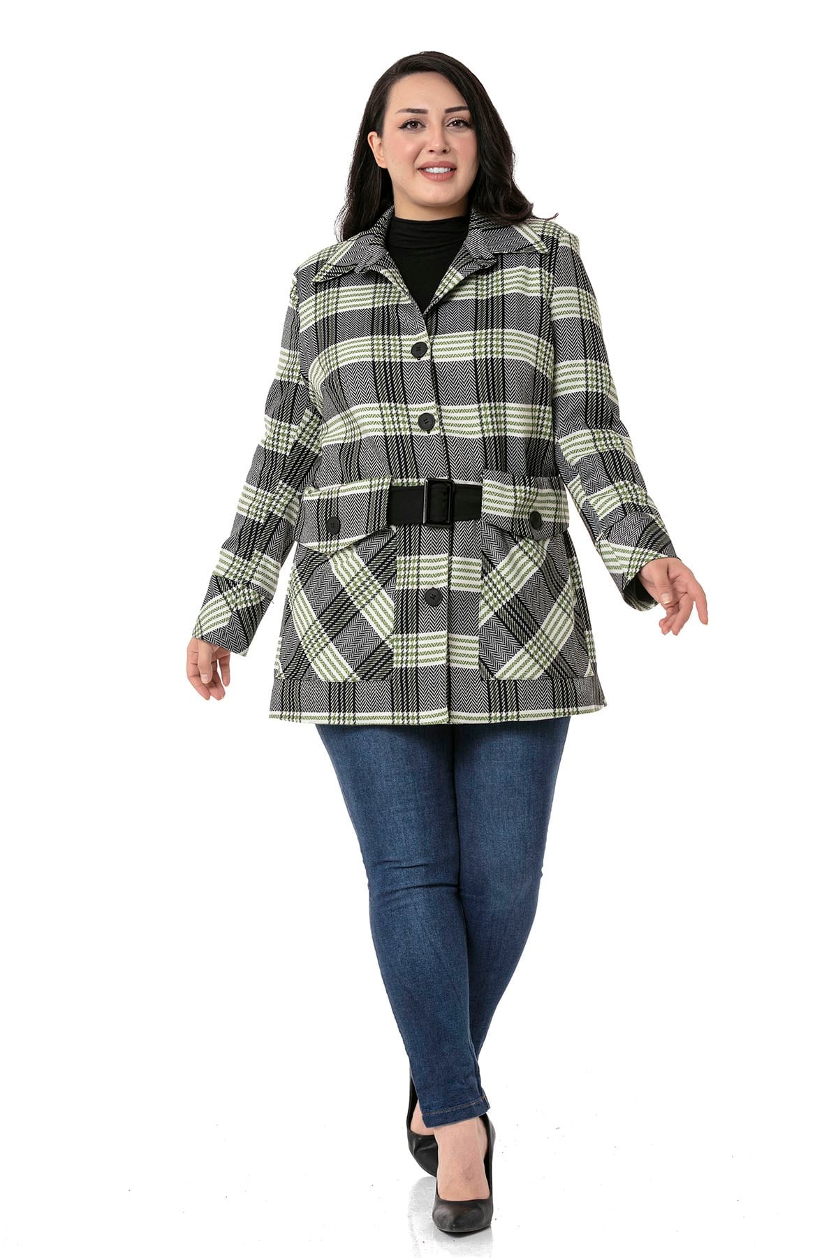 Plus Size Lined Black Green Jacket with Pocket and Belt Detail