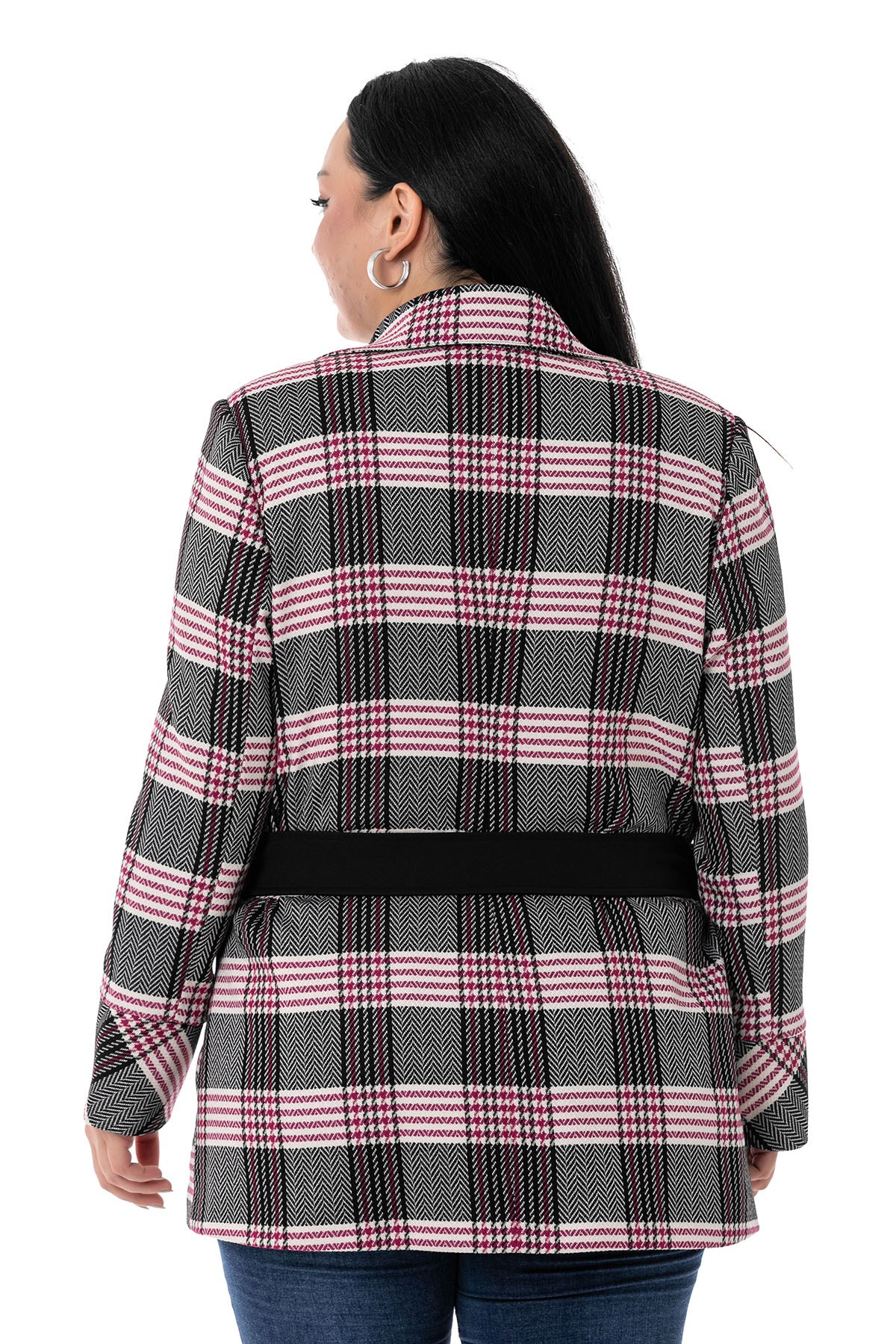 Plus Size Lined Black Fuchsia Jacket with Pocket and Belt Detail