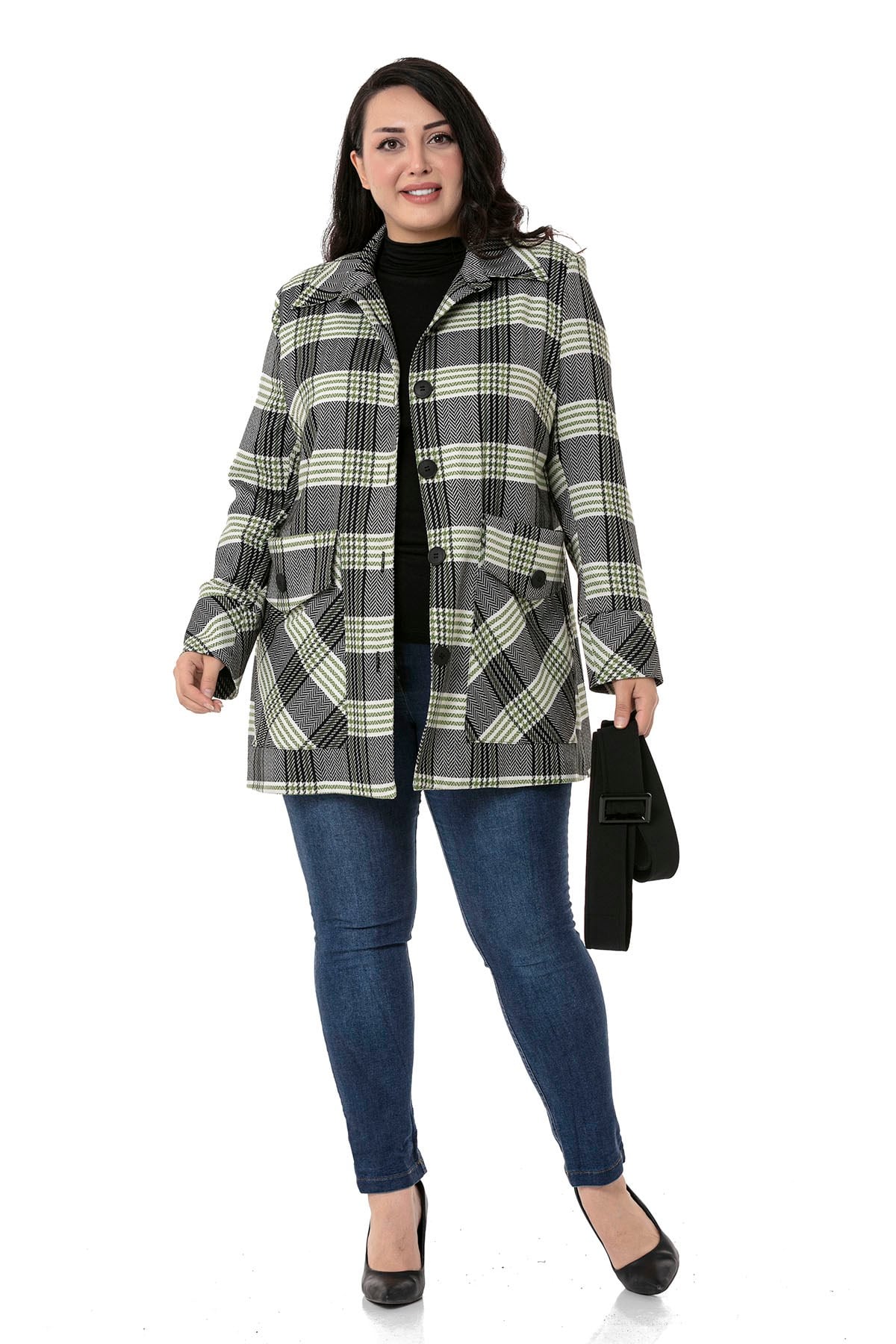 Plus Size Lined Black Green Jacket with Pocket and Belt Detail