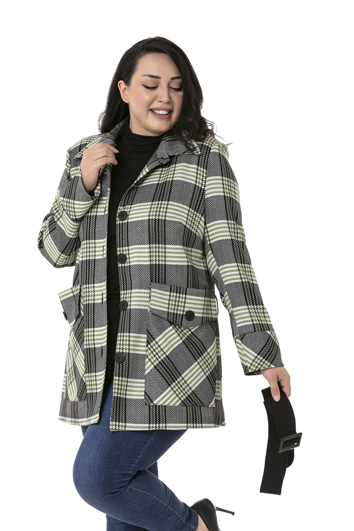 Plus Size Lined Black Green Jacket with Pocket and Belt Detail