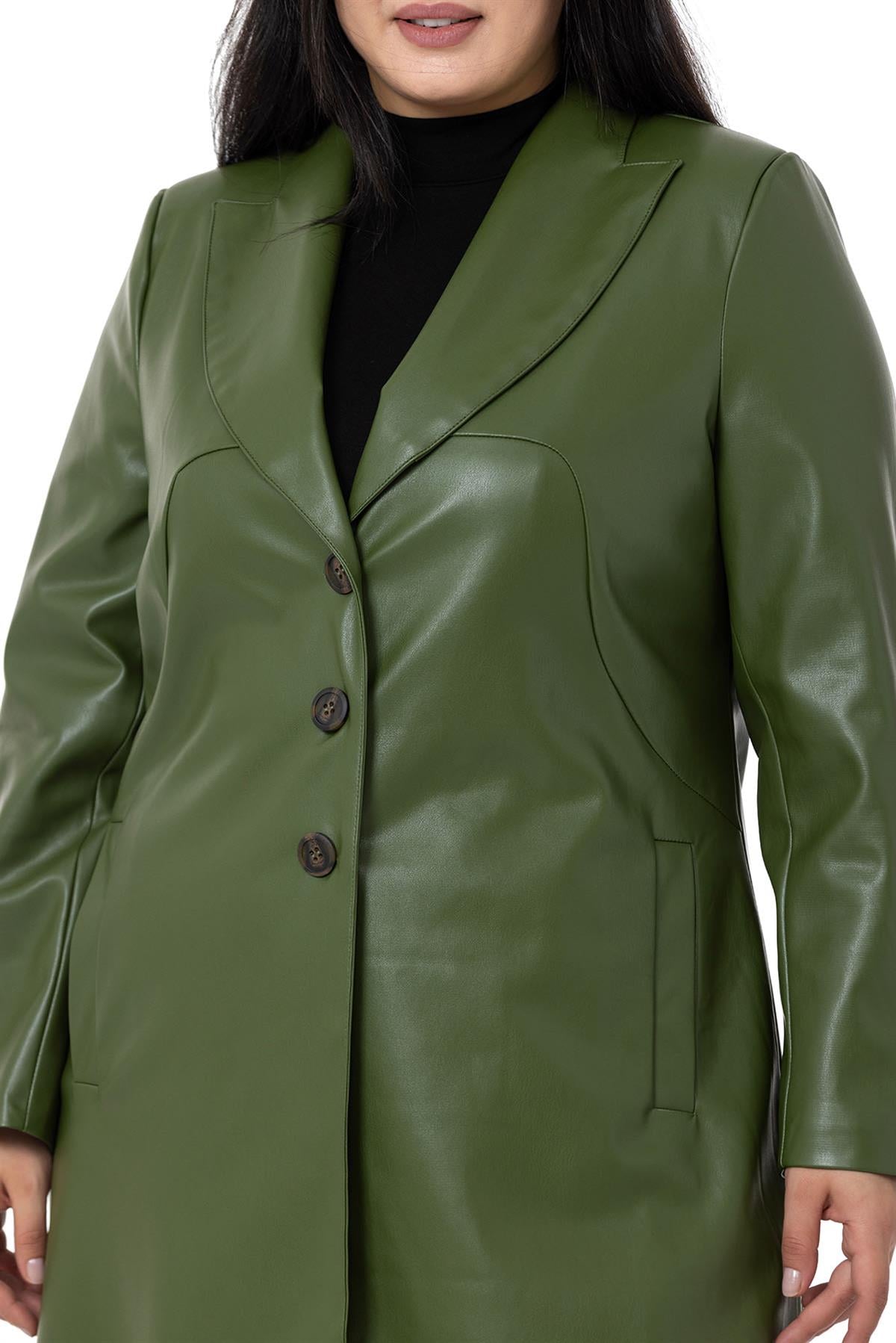 Plus Size Pocket Button Closure Lined Leather Khaki Color Overcoat