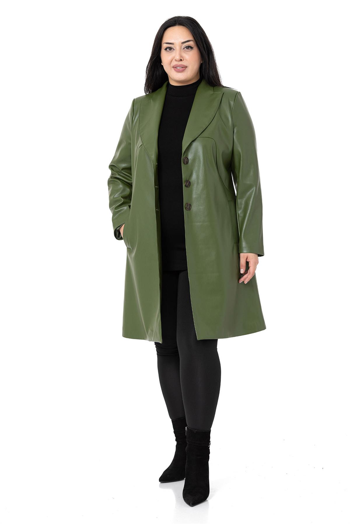 Plus Size Pocket Button Closure Lined Leather Khaki Color Overcoat