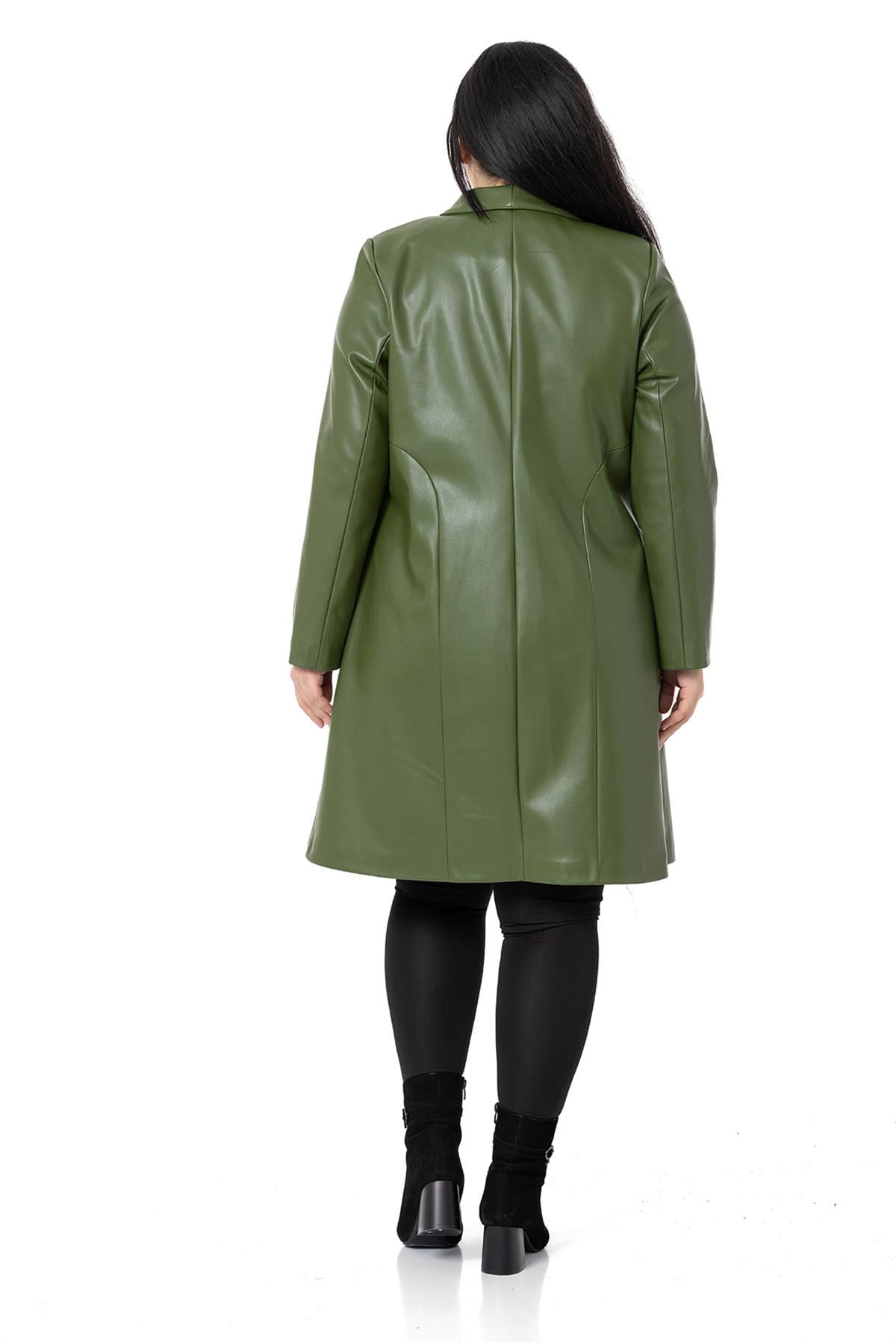 Plus Size Pocket Button Closure Lined Leather Khaki Color Overcoat