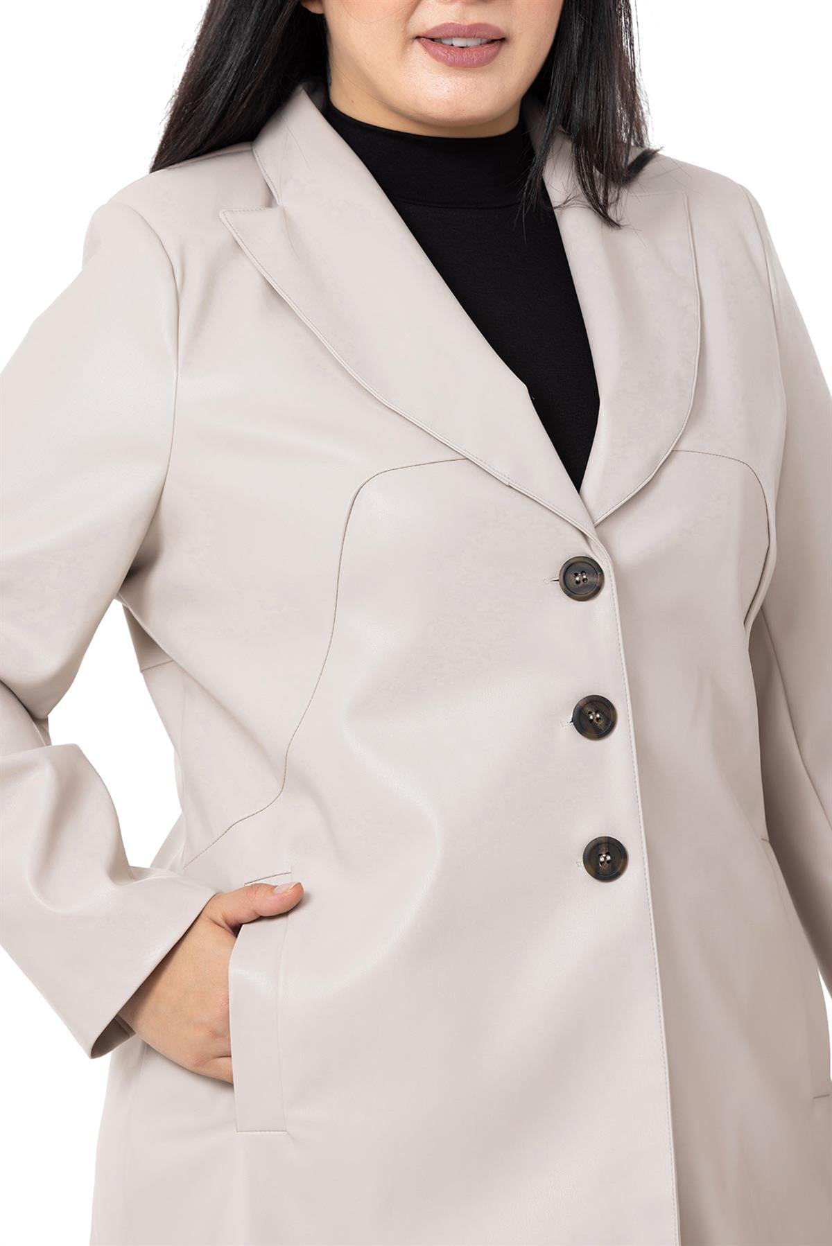 Plus Size Pocket Button Closure Lined Leather Stone Color Overcoat