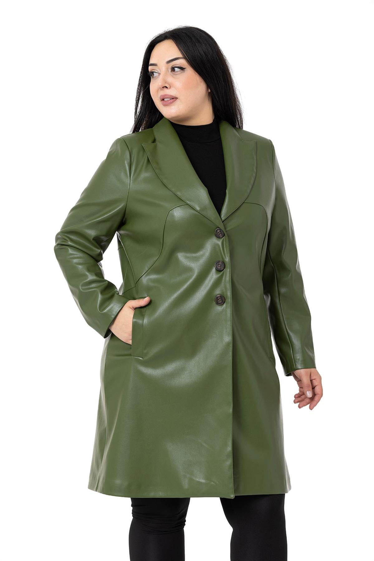 Plus Size Pocket Button Closure Lined Leather Khaki Color Overcoat