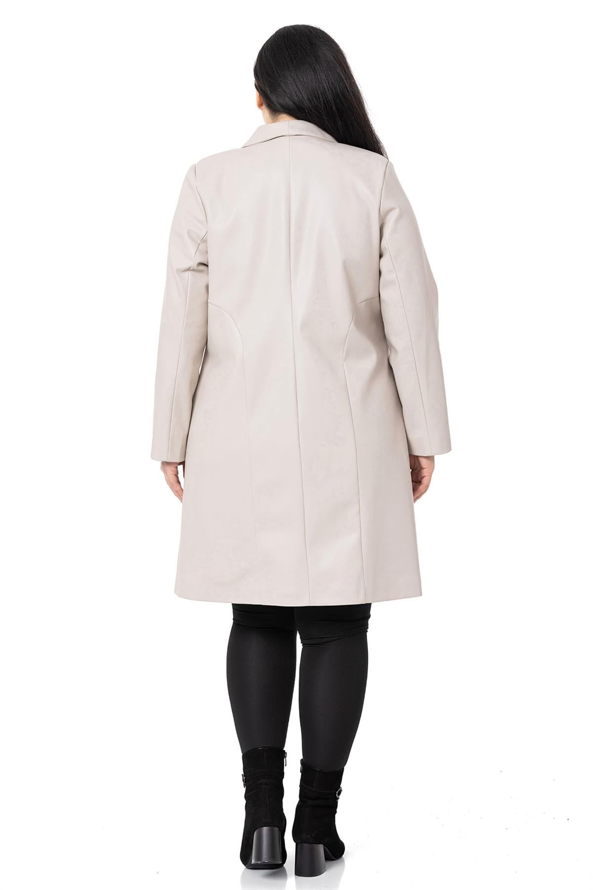 Plus Size Pocket Button Closure Lined Leather Stone Color Overcoat