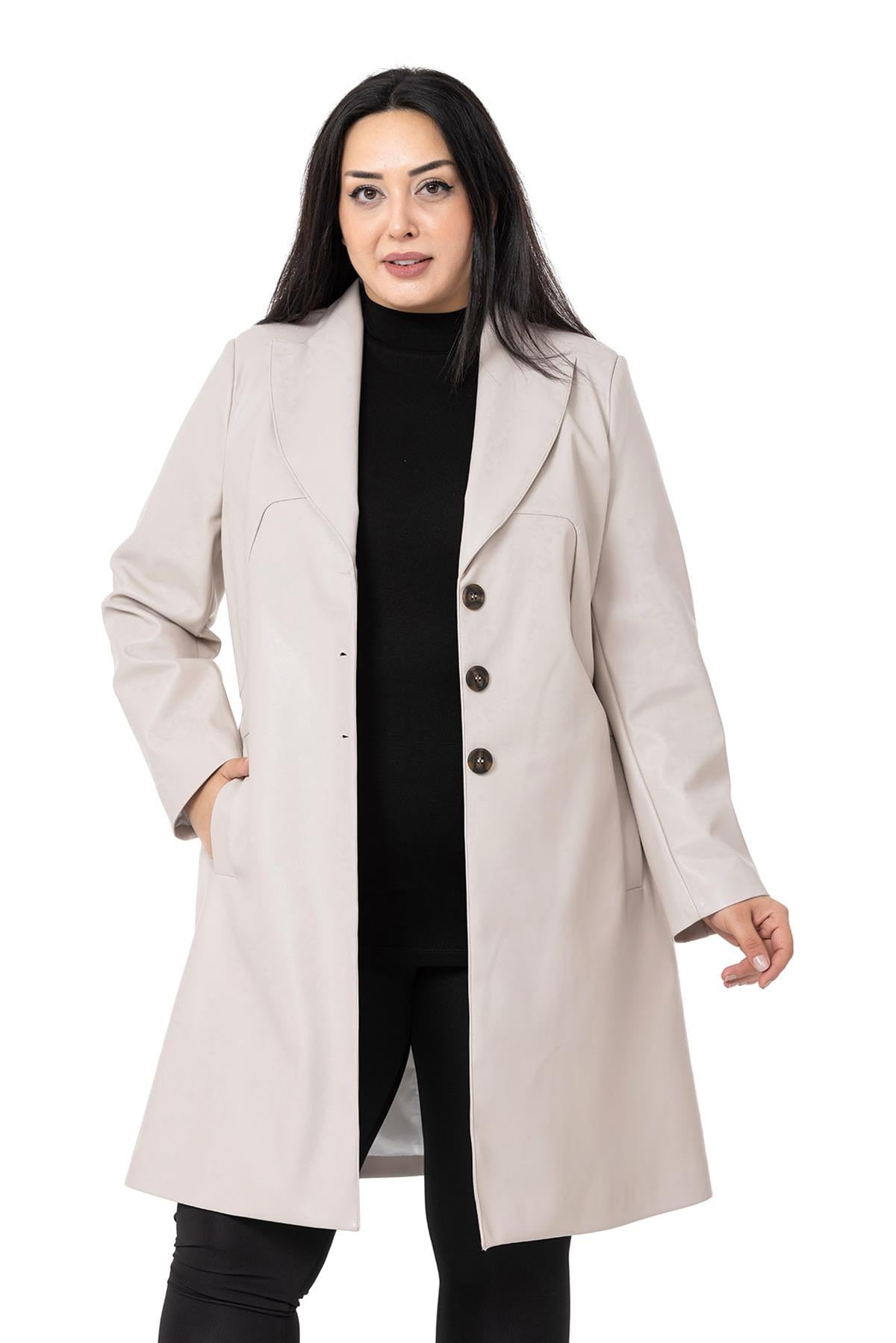 Plus Size Pocket Button Closure Lined Leather Stone Color Overcoat