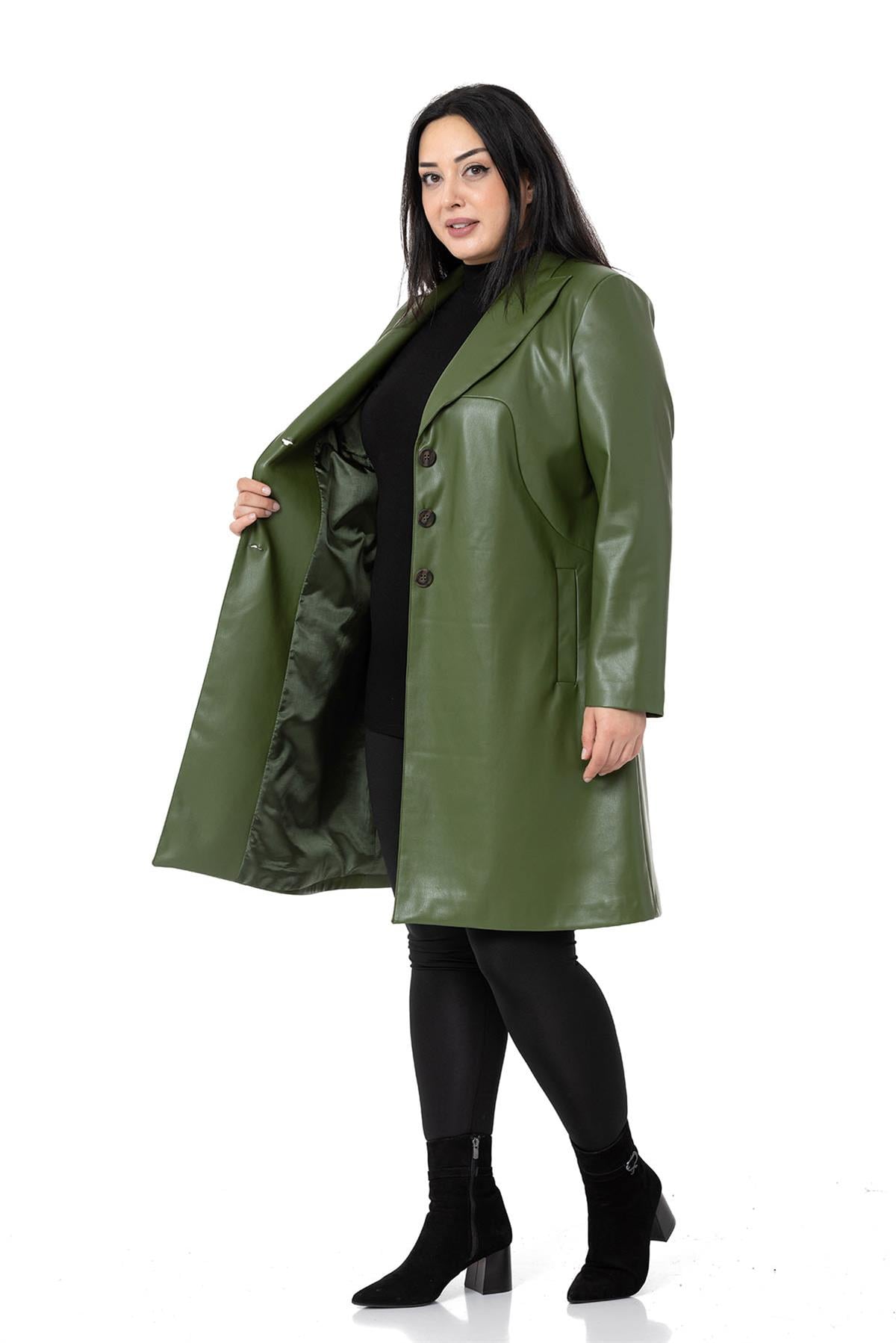 Plus Size Pocket Button Closure Lined Leather Khaki Color Overcoat