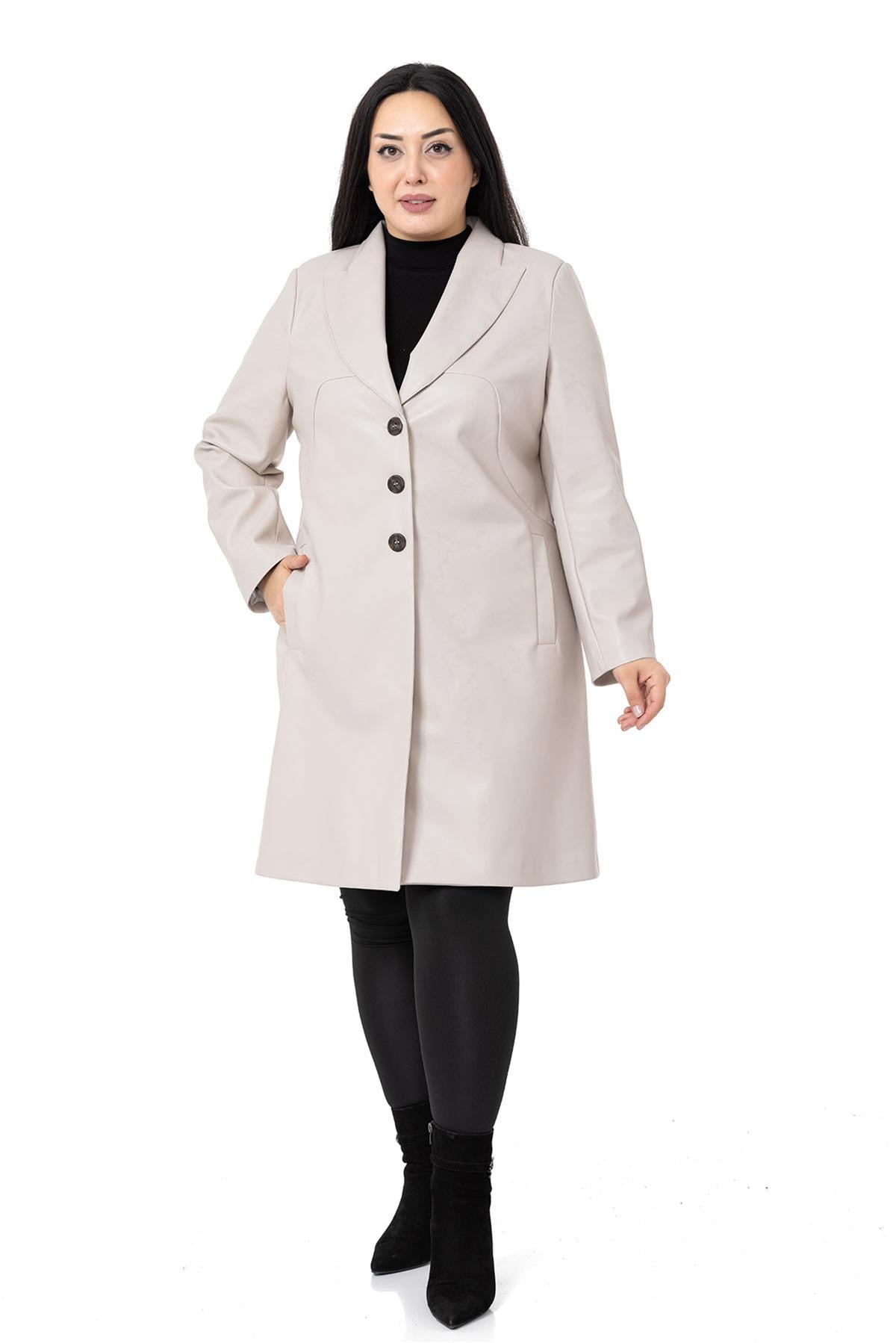 Plus Size Pocket Button Closure Lined Leather Stone Color Overcoat