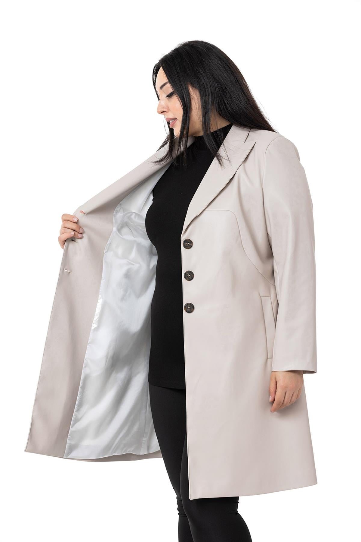 Plus Size Pocket Button Closure Lined Leather Stone Color Overcoat