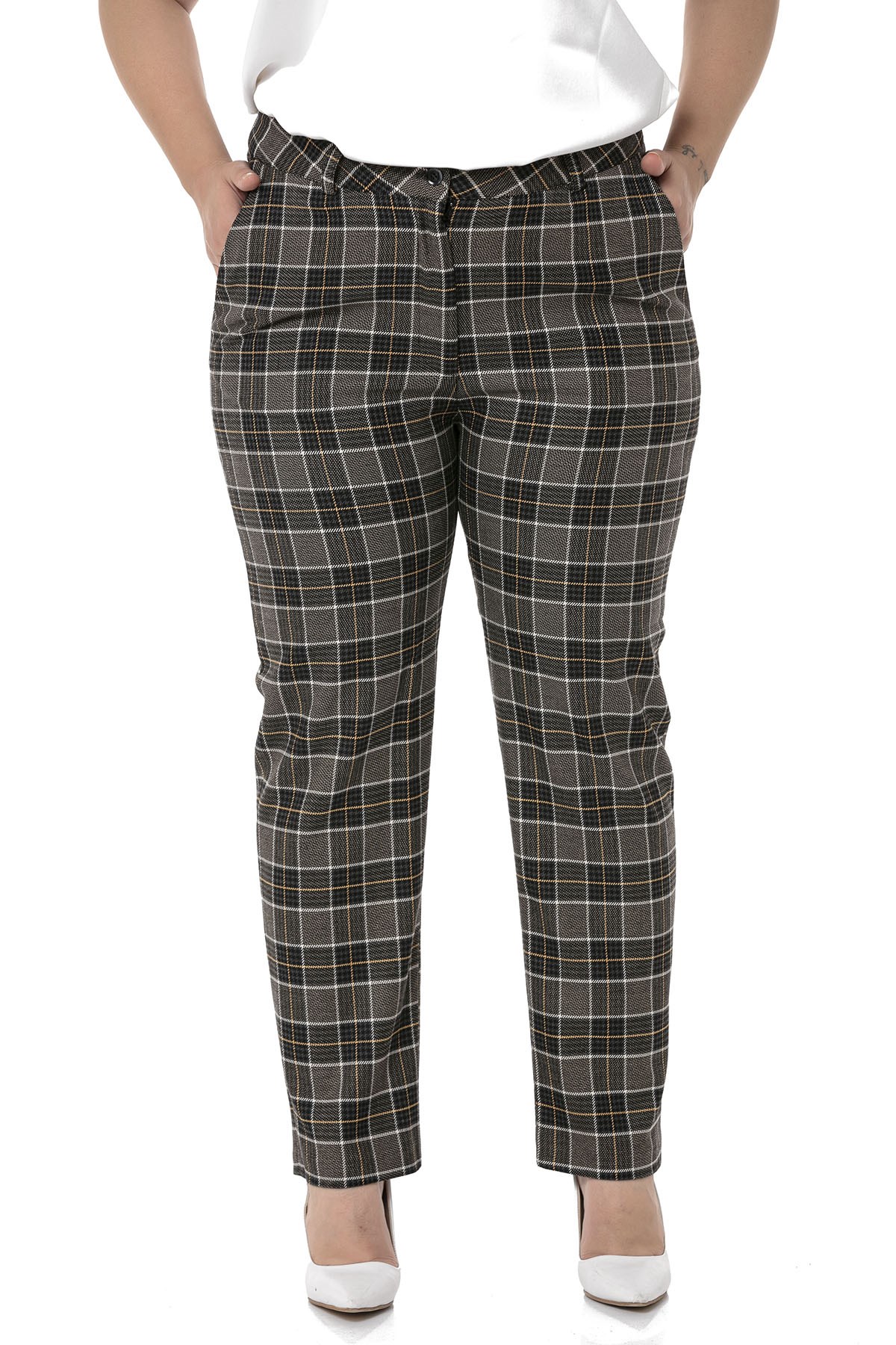 Plus Size Slim Leg Pocket Black Mustard Plaid Trousers