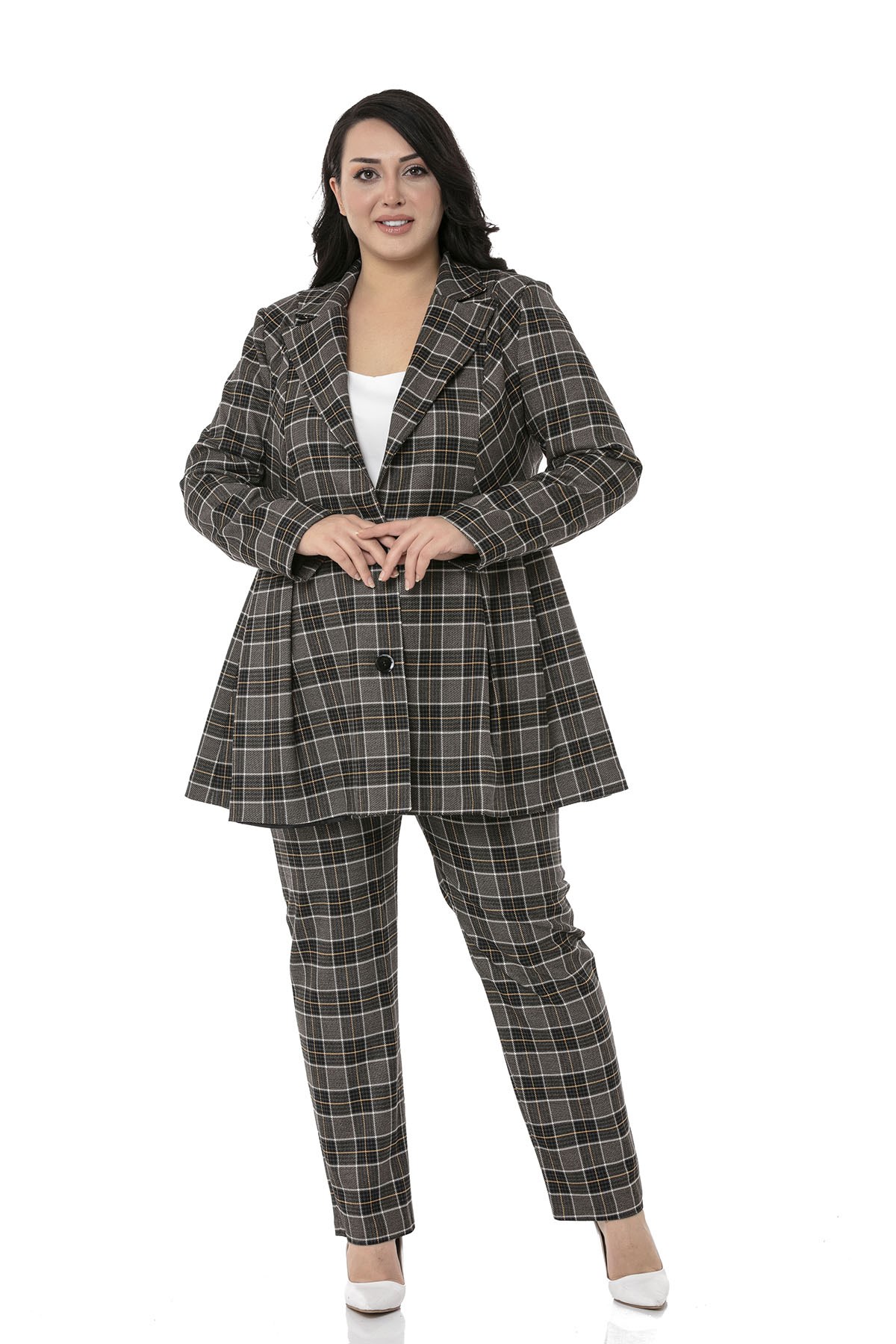 Plus Size Slim Leg Pocket Black Mustard Plaid Trousers
