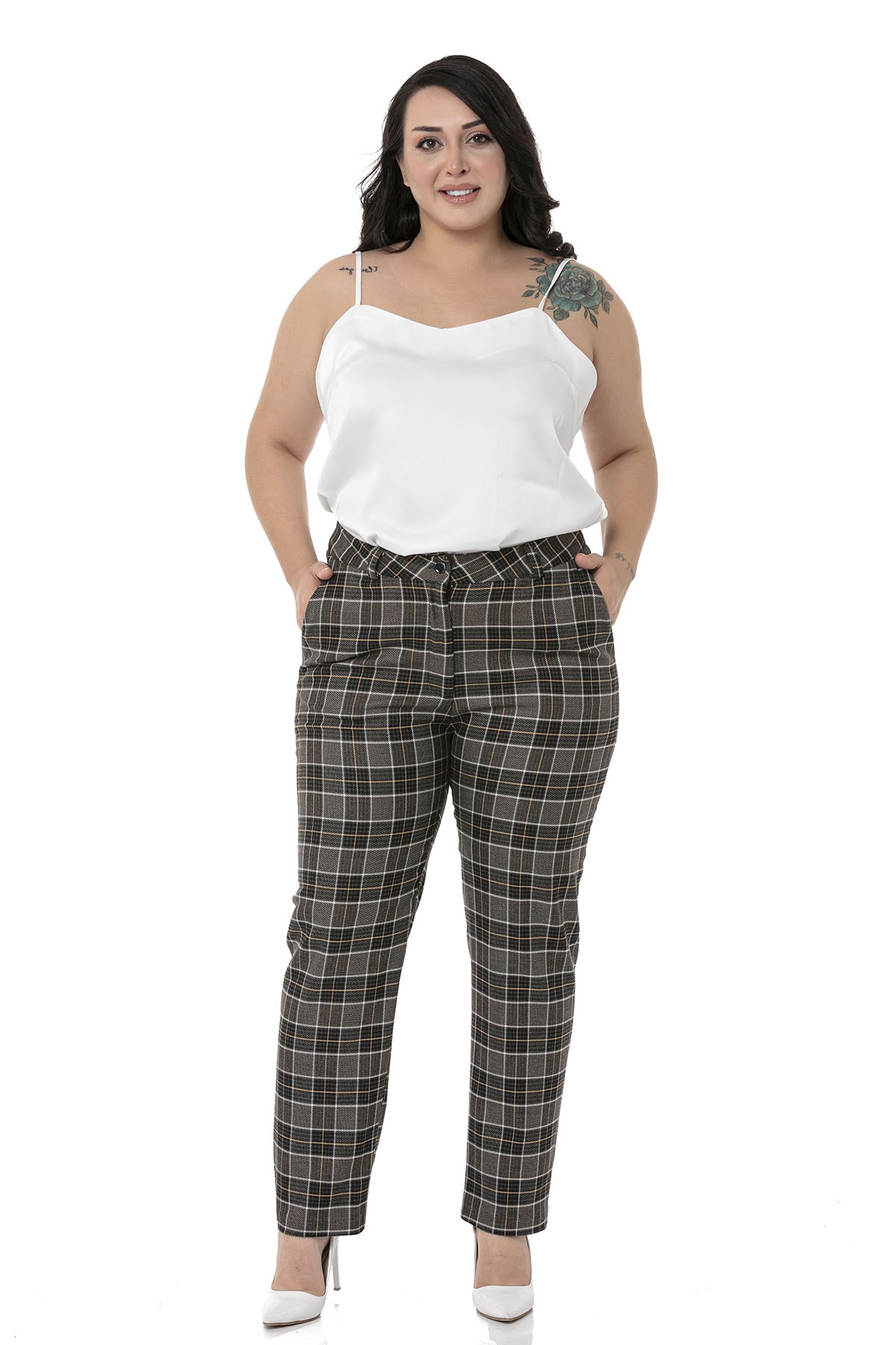 Plus Size Slim Leg Pocket Black Mustard Plaid Trousers