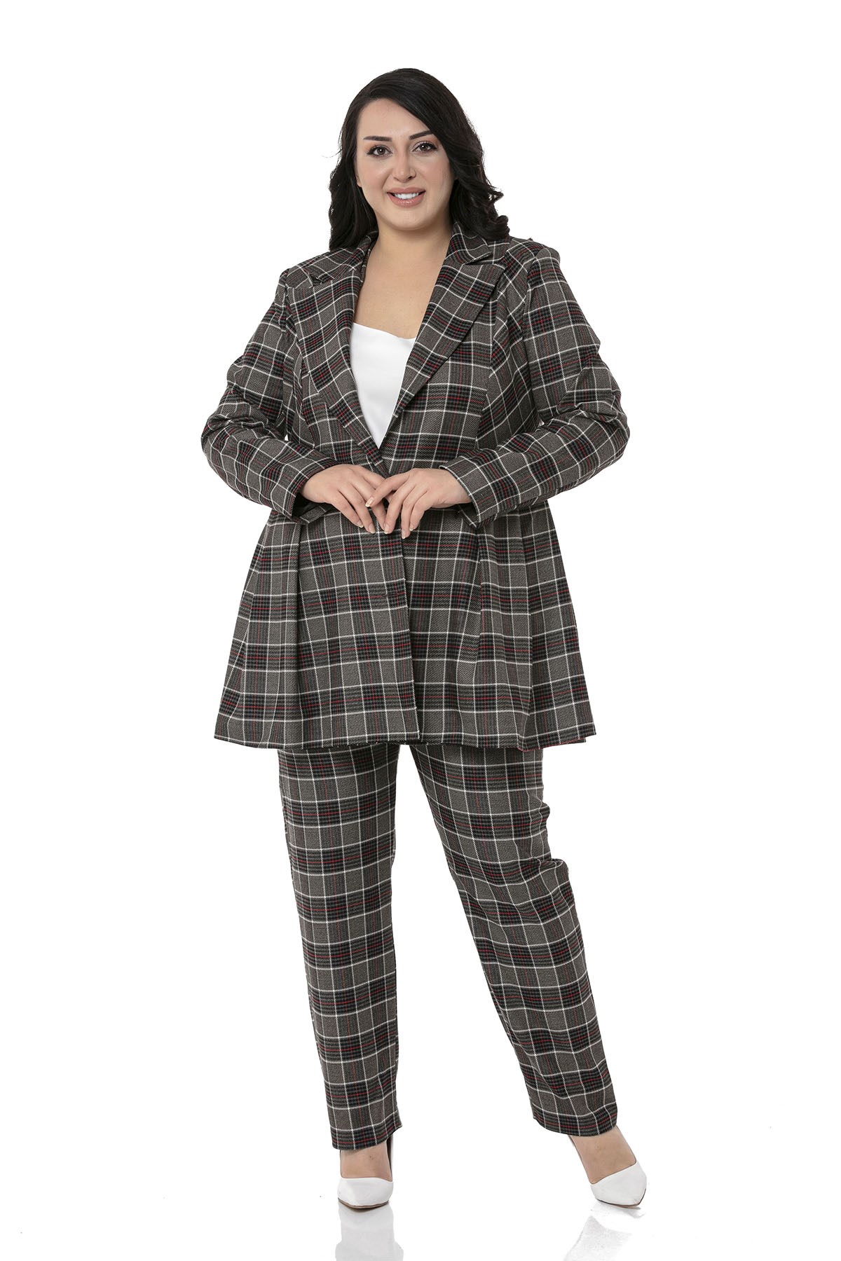 Plus Size Slim Leg Pocket Black Red Plaid Trousers