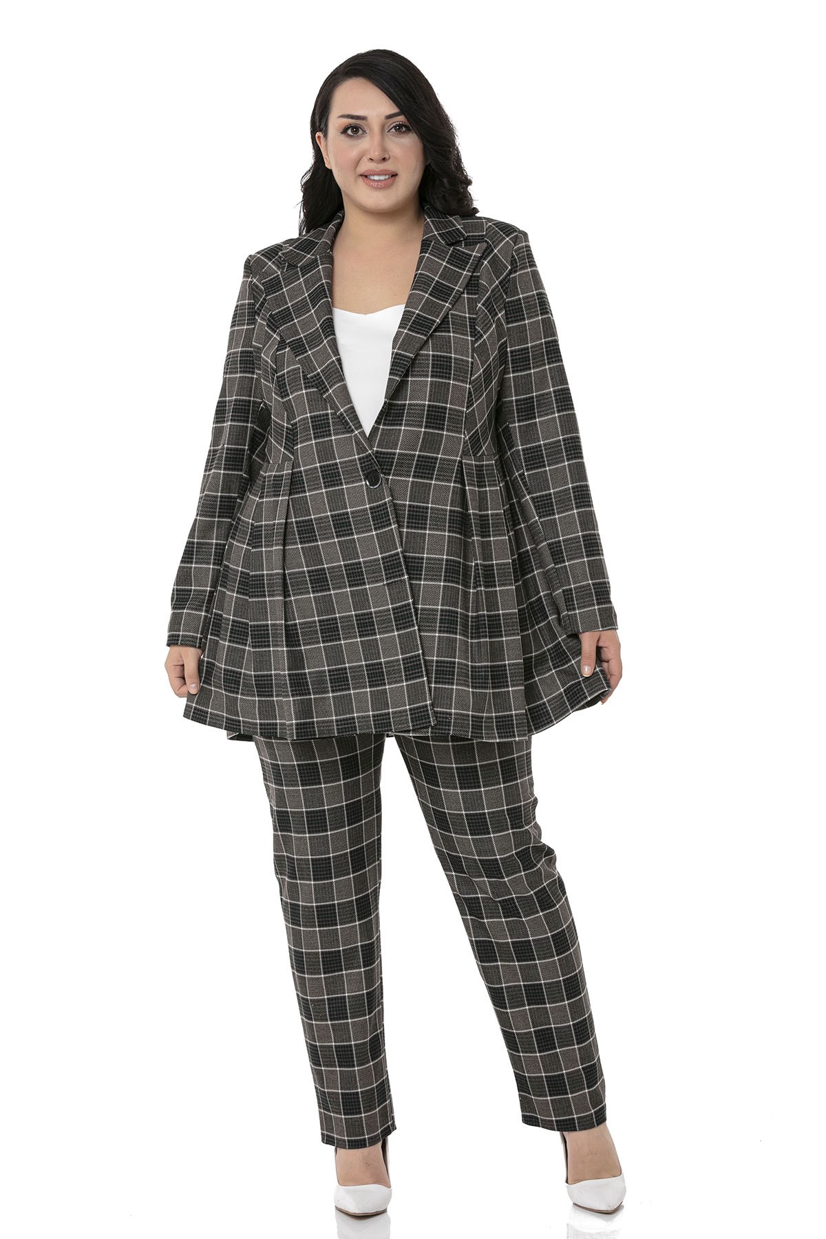 Plus Size Slim Leg Pocket Black Emerald Plaid Trousers