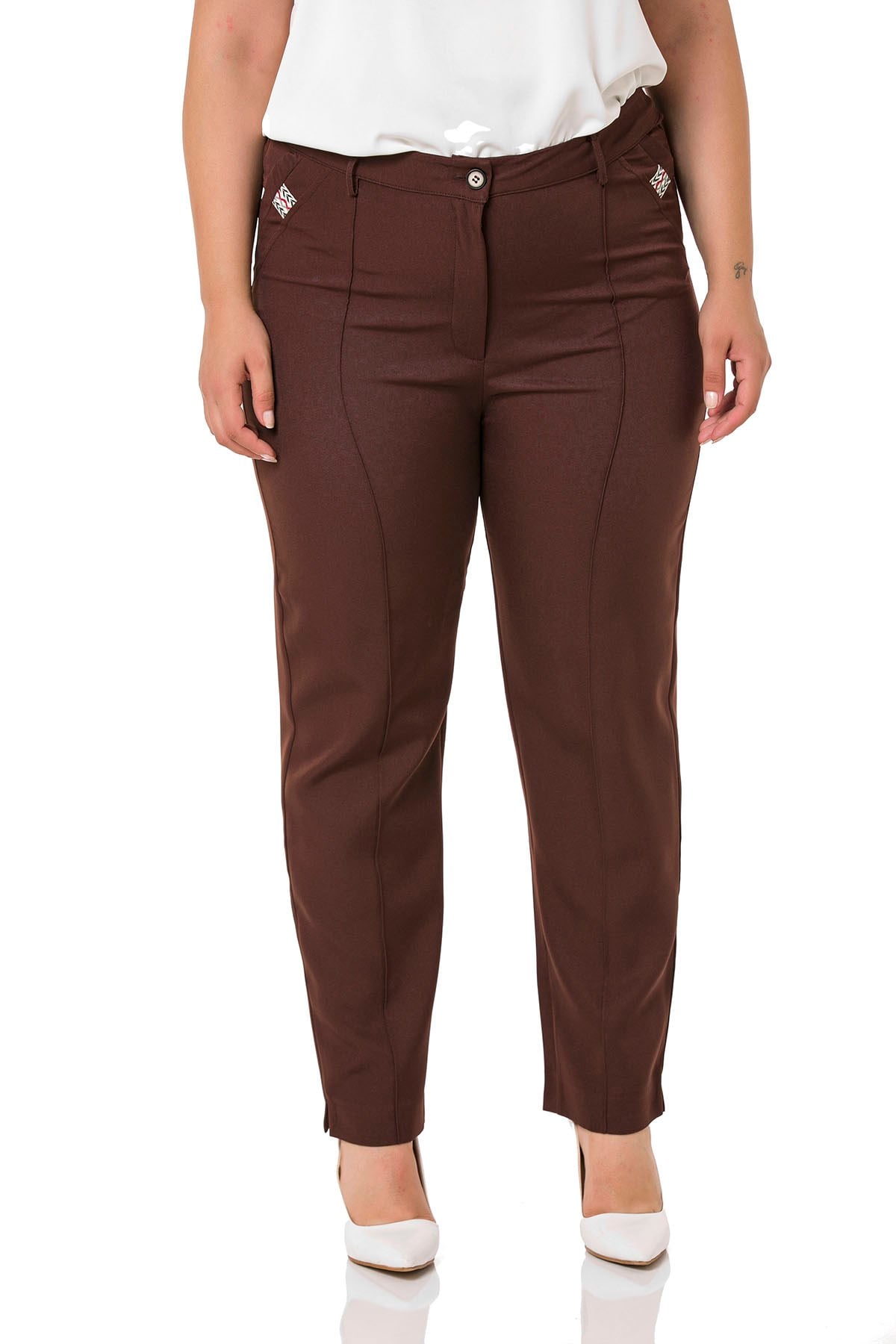 Plus Size Skinny Leg Ribbed Stitched Brown Trousers with Slits and Zippers