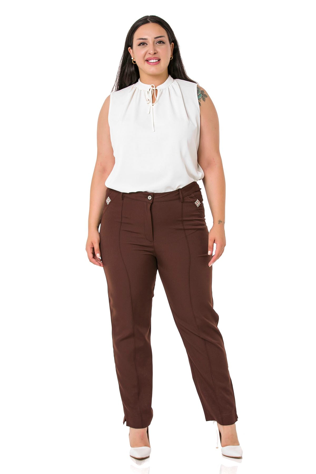 Plus Size Skinny Leg Ribbed Stitched Brown Trousers with Slits and Zippers