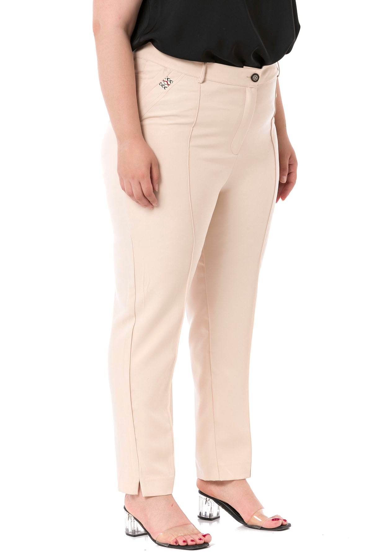 Plus Size Skinny Leg Ribbed Stitched Beige Trousers with Slits and Zippers