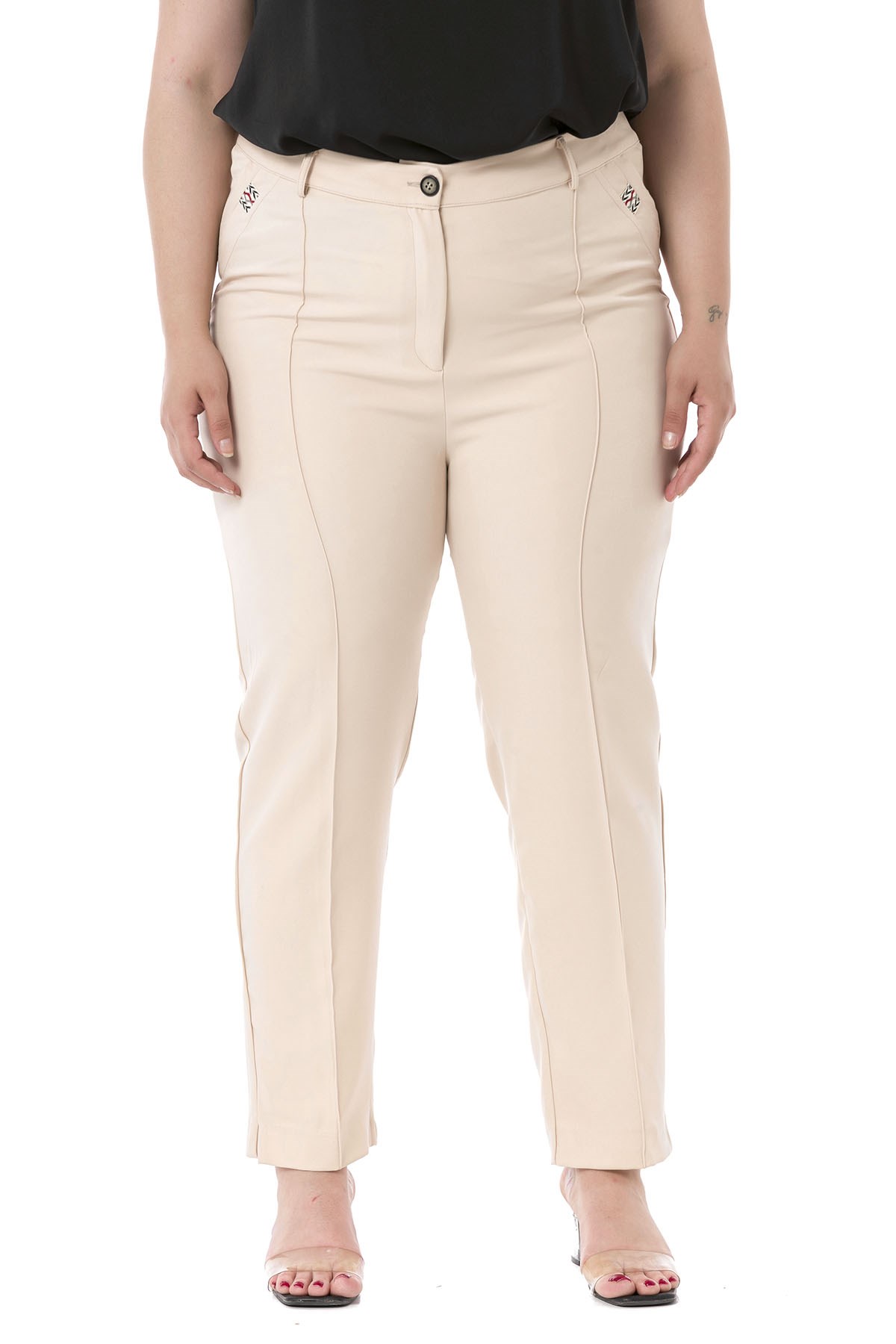 Plus Size Skinny Leg Ribbed Stitched Beige Trousers with Slits and Zippers