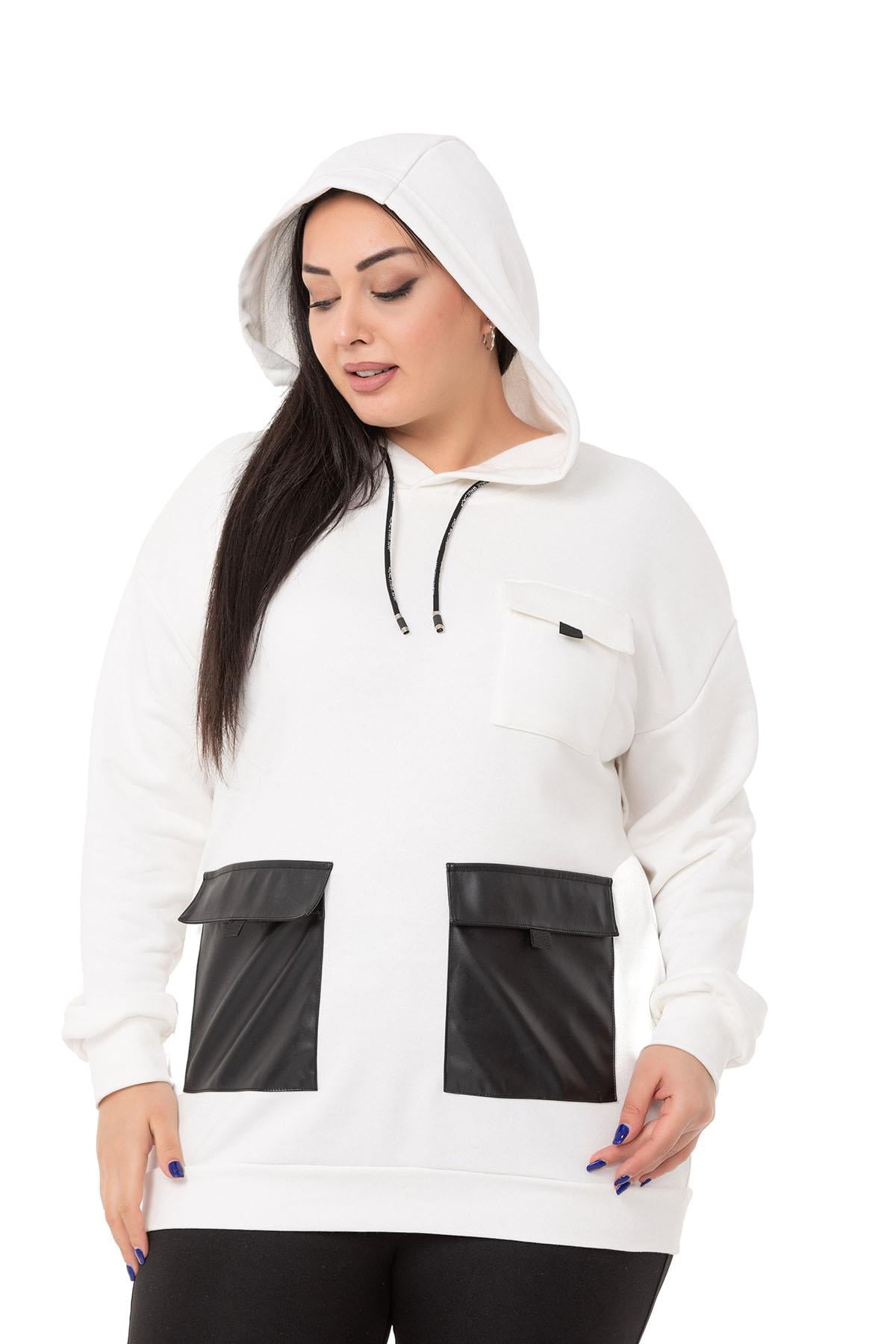 Büyük Beden Deri Cepli Kapüşonlu Beyaz Sweatshirt