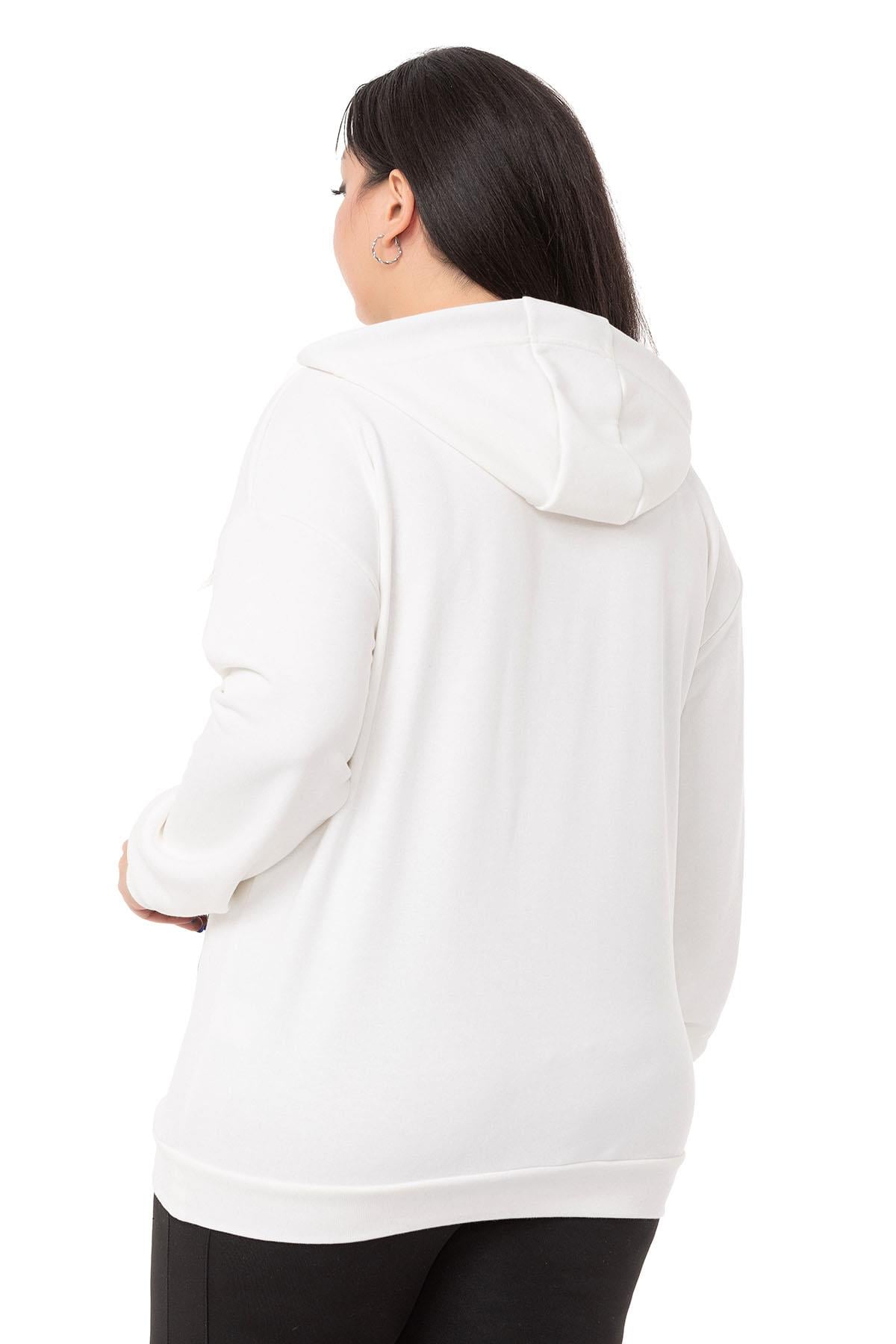 Büyük Beden Deri Cepli Kapüşonlu Beyaz Sweatshirt